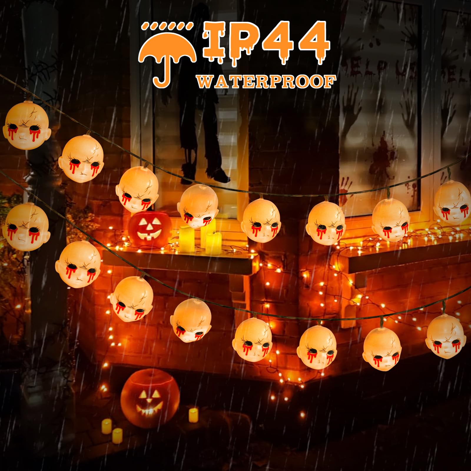 Guirlande Lumineuse Halloween 3 M - 20 Têtes De Fantôme Avec Larmes De Sang - LED Blanc Chaud, 2 Modes - Alimentation Piles - Décoration Intérieur/Extérieur