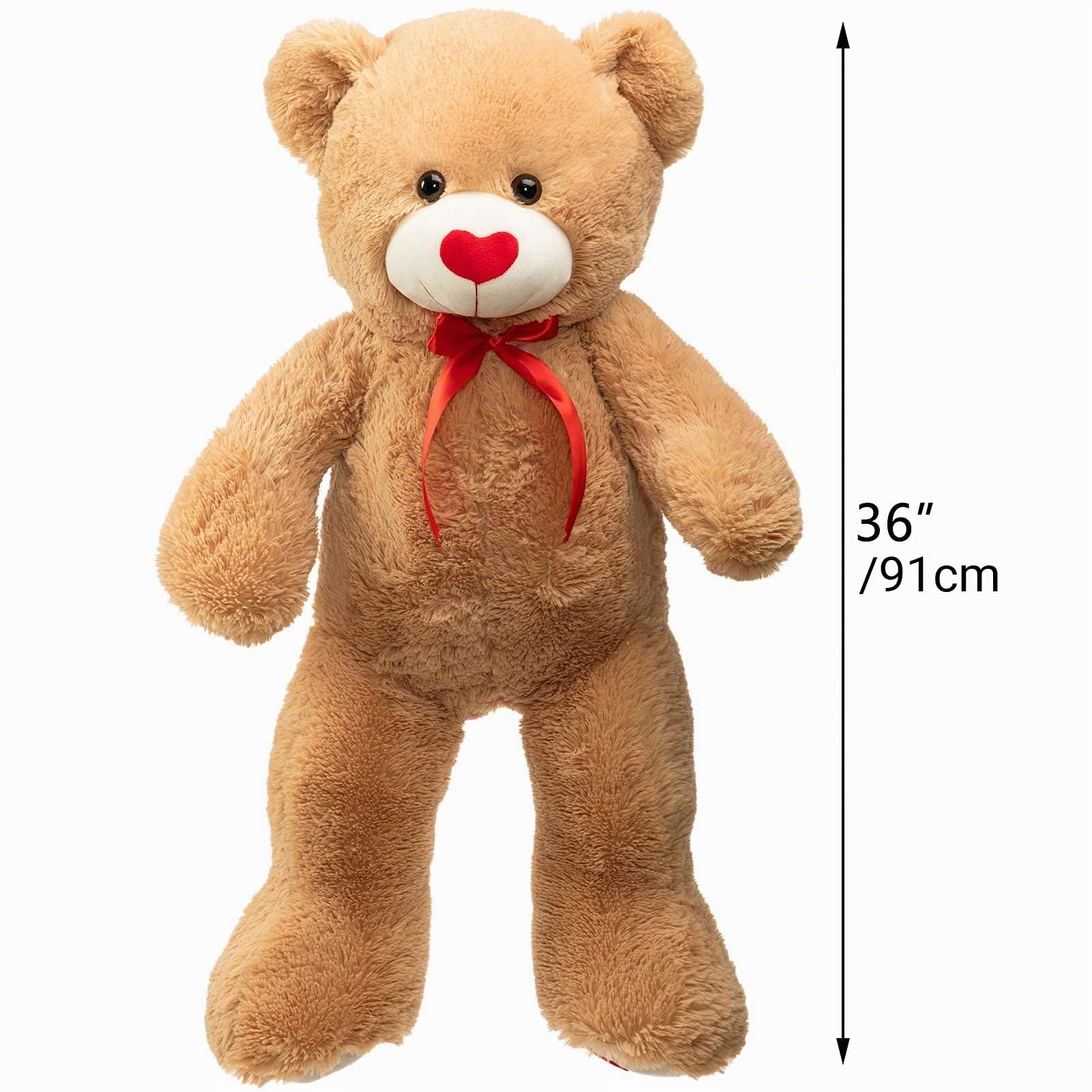 BEJOY Orsacchiotto di peluche, 91 cm, marrone chiaro, con cuore rosso | Grande orsacchiotto gigante per fidanzata e bambini