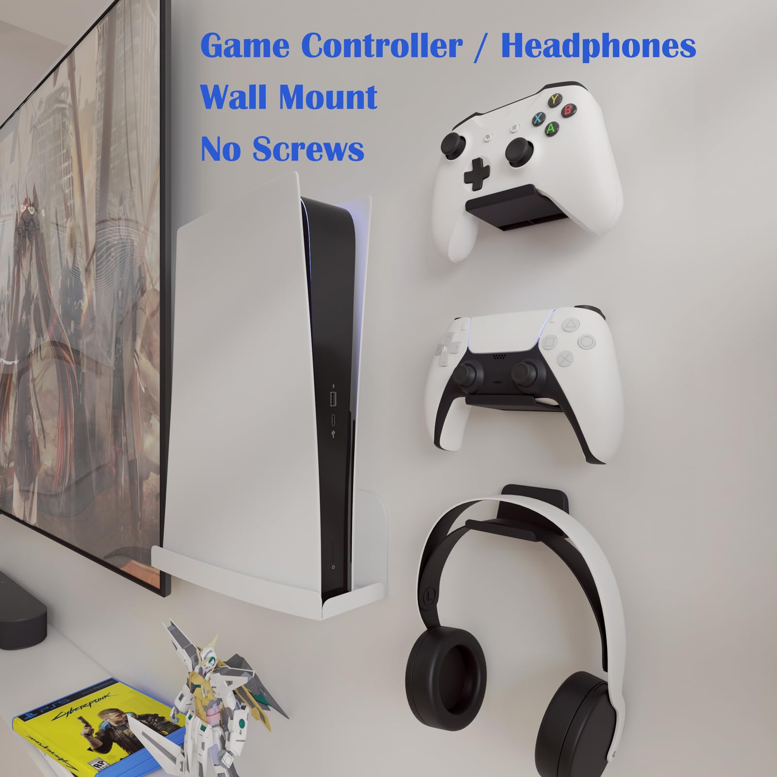sciuU Soporte de Pared para Mando/Auriculares, [Conjunto de 2] Gancho Adhesivo 3M, Colgar los Auriculares, Accesorios para Controller Controlador Gamepad de PS5 / PS4 / Xbox, Sin Tornillos