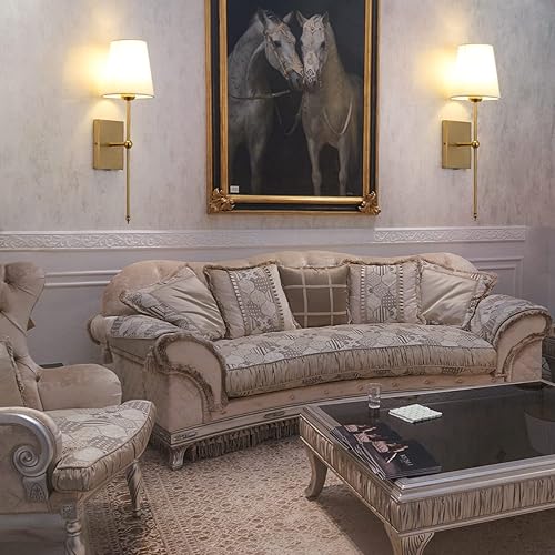 Miniatura 2 de GLADFRESIT Juego de 2 apliques de pared delgados con pantalla de tela blanca, base de bronce dorado, lámparas de pared interiores para dormitorio,