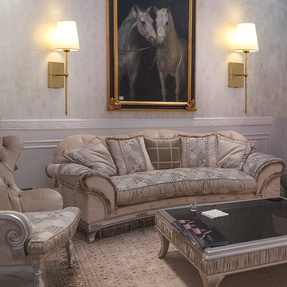 GLADFRESIT Set of 2 Slim Wall Sconces with White Fabric Shade, Gold Bronze Base Indoor Wall Light Fixtures for Bedroom Bedside Bathroom Vanity Light Living Room