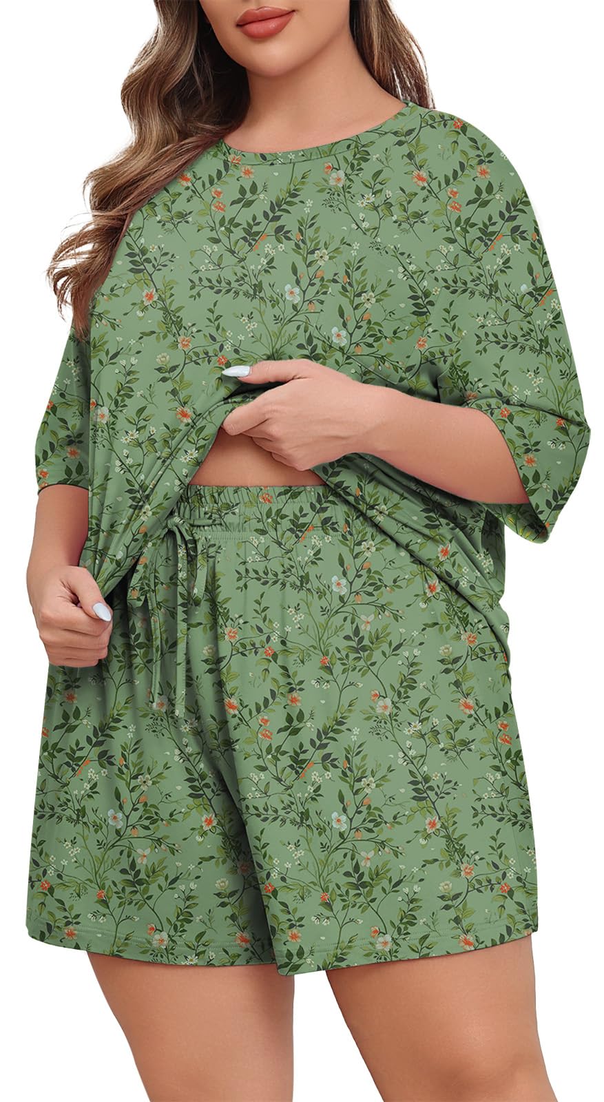 Lastshe Womens Plus Size Pajama Set 2 Piece Soft Short Sleeve with Pockets Summer Shorts Sleepwear Knit Pjs Lounge Set