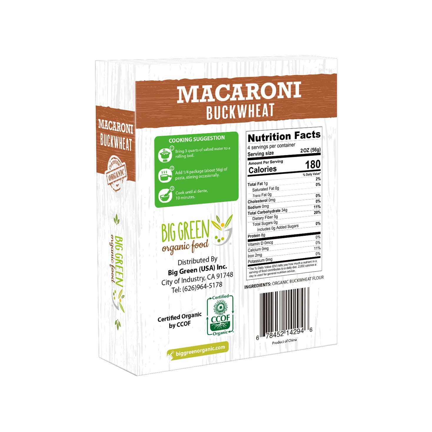Big Green Organic Food- Organic Buckwheat Macaroni, Gluten-Free, Single Ingredient, 100% Buckwheat, Non-GMO, Vegan, Wheat and Rice Alternative, 8.8oz (1 Box)