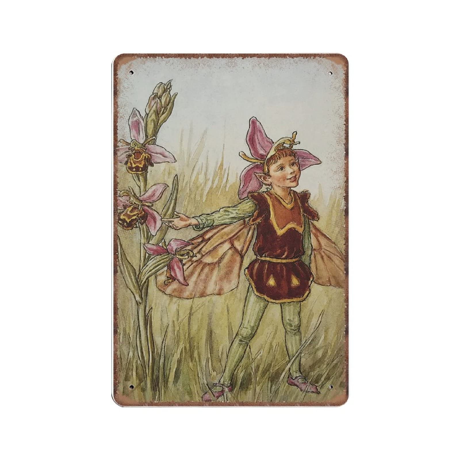 Yivxa Tin-1146 The Bee Orchis Fairy Vintage Style Flower Fairies Tin Signs. Cicely Mary Barker, Funny Vintage Metal Tin Sign Plaqu Poster Wall Art Pub Bar Kitchen Garden Bathroom Home Decor, 8X12 Inches