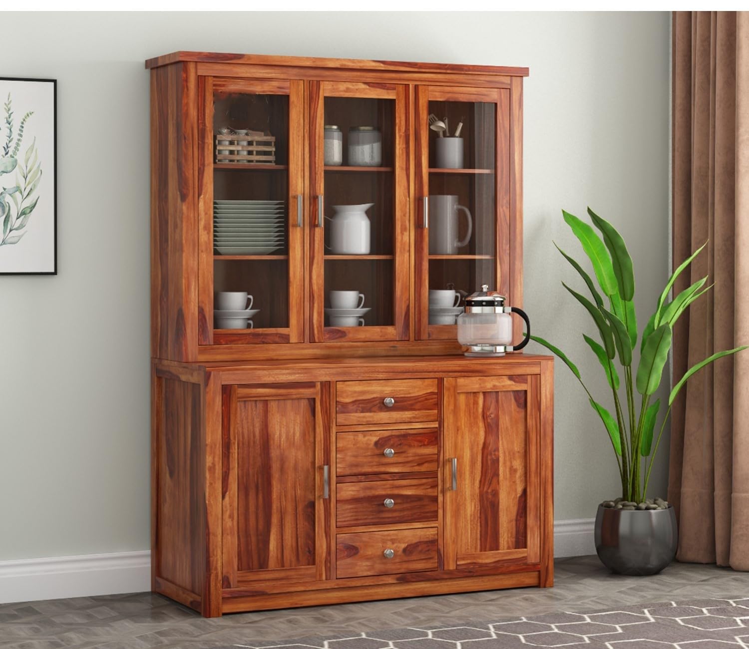 Sheesham Wooden Hutch Cabinet with Glass Doors, 4 Drawers, 2 Storage Compartments, Crockery Cabinet, Multipurpose Buffet Unit, Display and Bookcase (Factory Outlet)-image-23