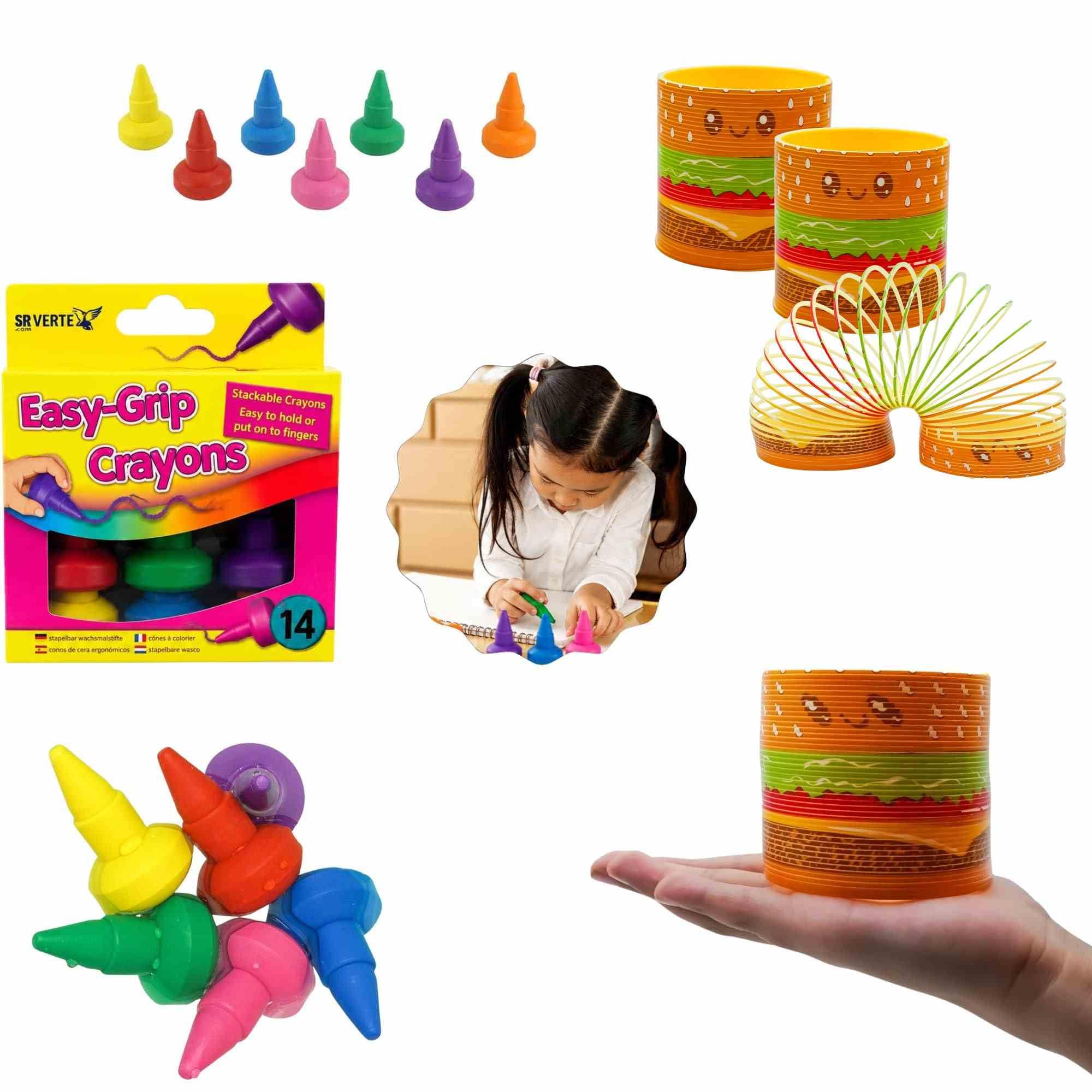 SRV Hub 14 Pack Non-Toxic Easy Grip Wax Crayons & 2 Hamburger Magic Spring Fidget Toy Bundle, Art Craft Set, Party Bag Fillers, Sensory Slinky, Christmas Easter Gift for Boys Girls 3+