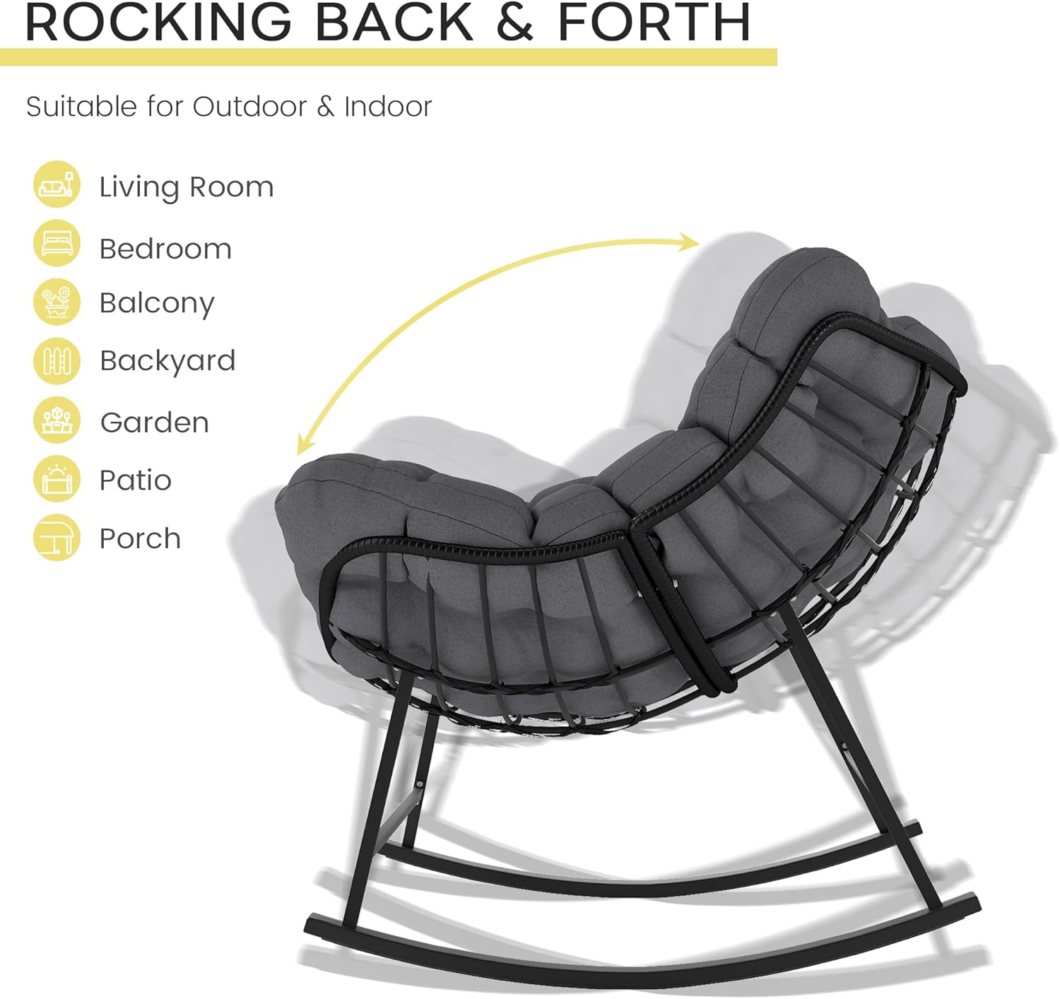 Kromax Oversized Outdoor Papasan Rocking Chair, Wicker Egg Chair Rocker for Outside, Comfy Patio Rocker, Large Indoor Rocking Recliner, Modern Egg Style, Grey