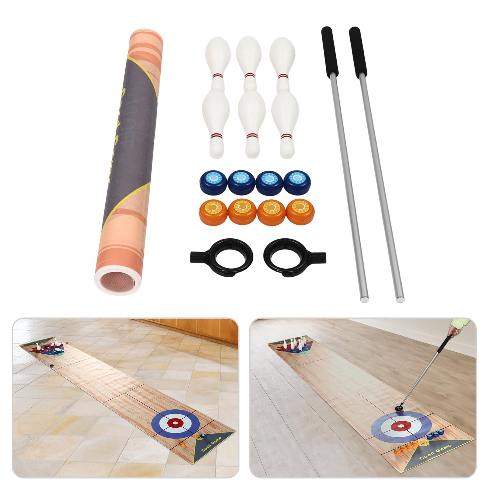 Kit de jeu de curling de table portable 3 en 1, avec bowling et shuffleboard en tissu non tissé résistant – Kit complet comprenant 2 putters de curling, 8 pions, 6 cônes de bowling et tapis de chemin
