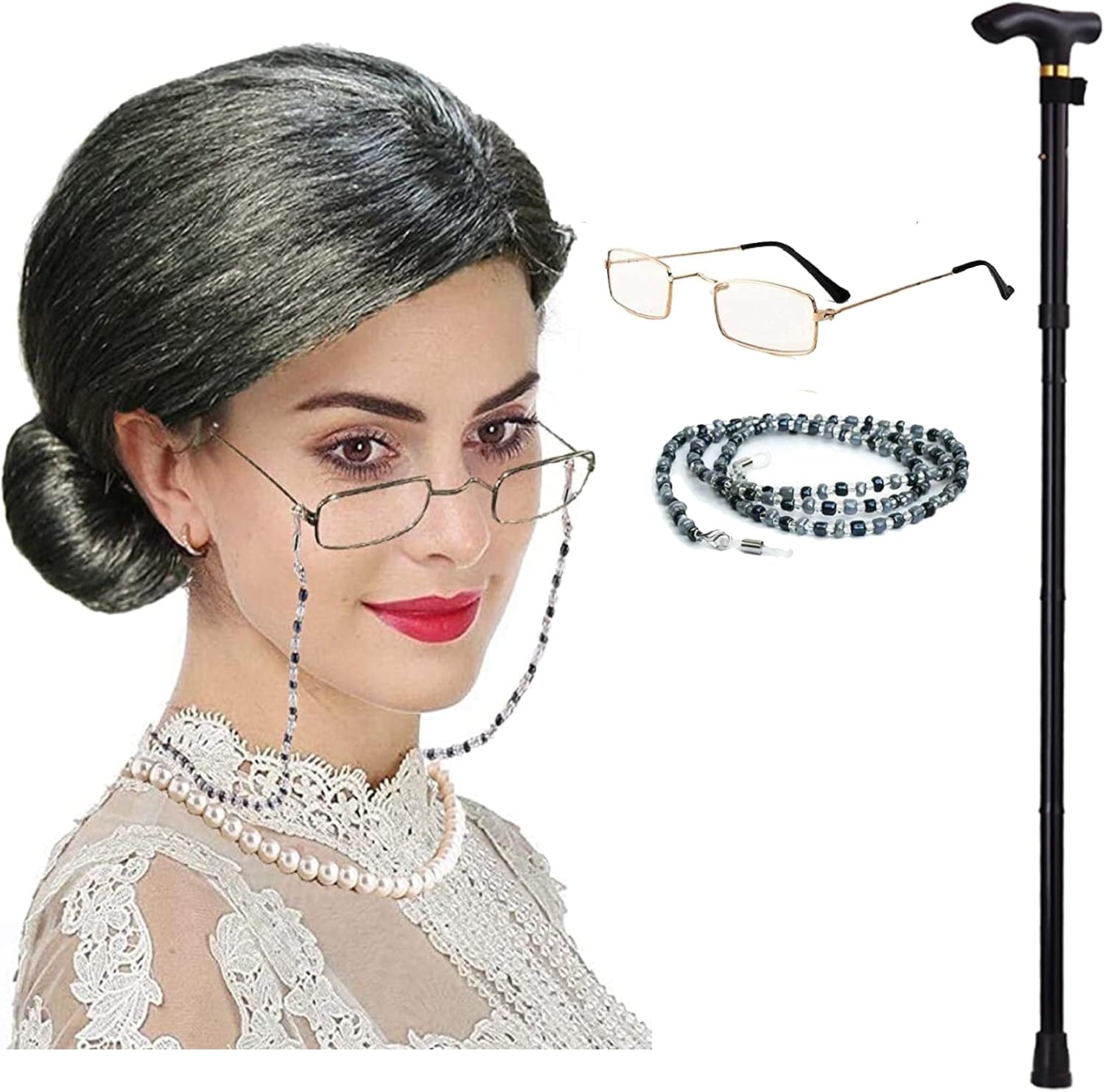 Old Lady Costume Wigs- Aunt Gertie Grandmother Wig w/Walking Cane