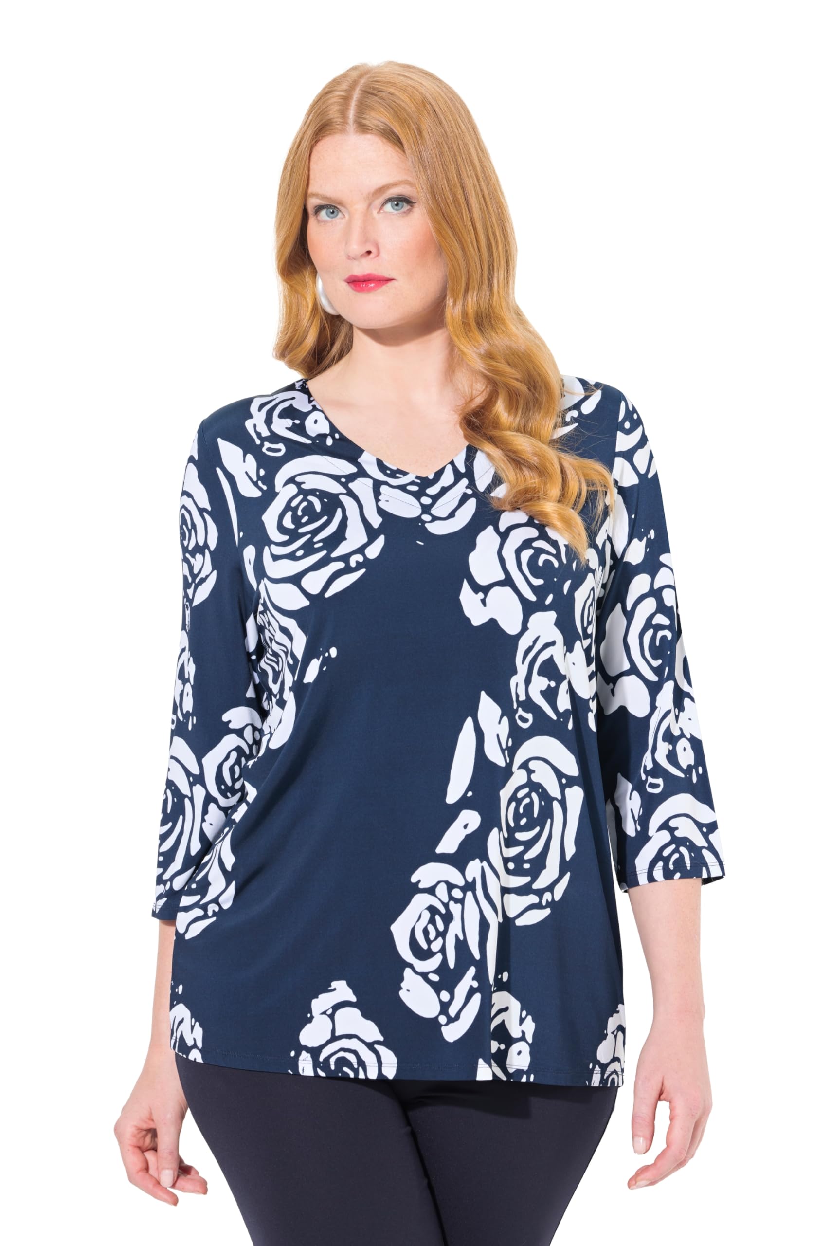 Ulla Popken Damen große Größen Übergrößen Plus Size Slinkyshirt, floraler Druck, V-Ausschnitt, 3/4-Arm 834539