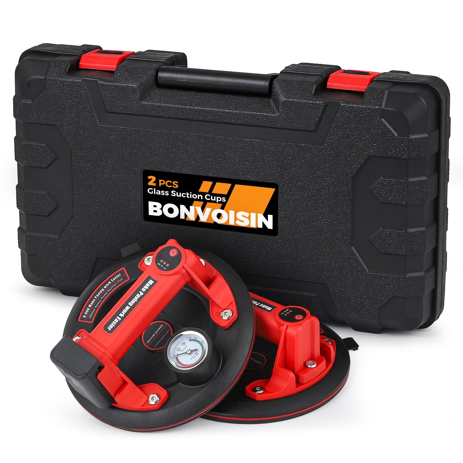 Bonvoisin Ventosa Elettrica per Piastrelle 2PCS, 440lbs/200kg Capacità di Carico, con Batteria al Litio 3000mAh, con Manometro, per Vetro/Finestra/Acciaio/Pietra/Legno (EU)