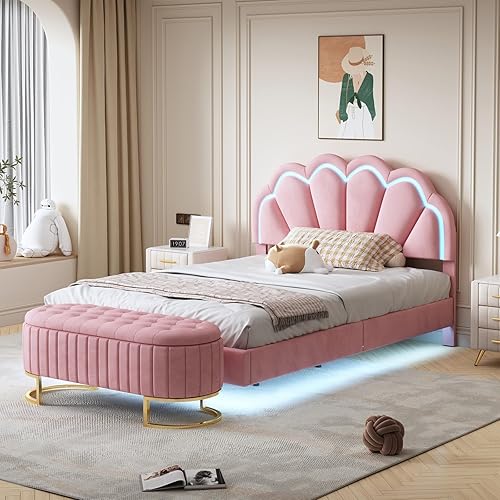 Miniatura 8 de CALABASH Banco otomano de almacenamiento rosa para el extremo de la cama, patas doradas, banco moderno de terciopelo con botones, acolchado tapizado
