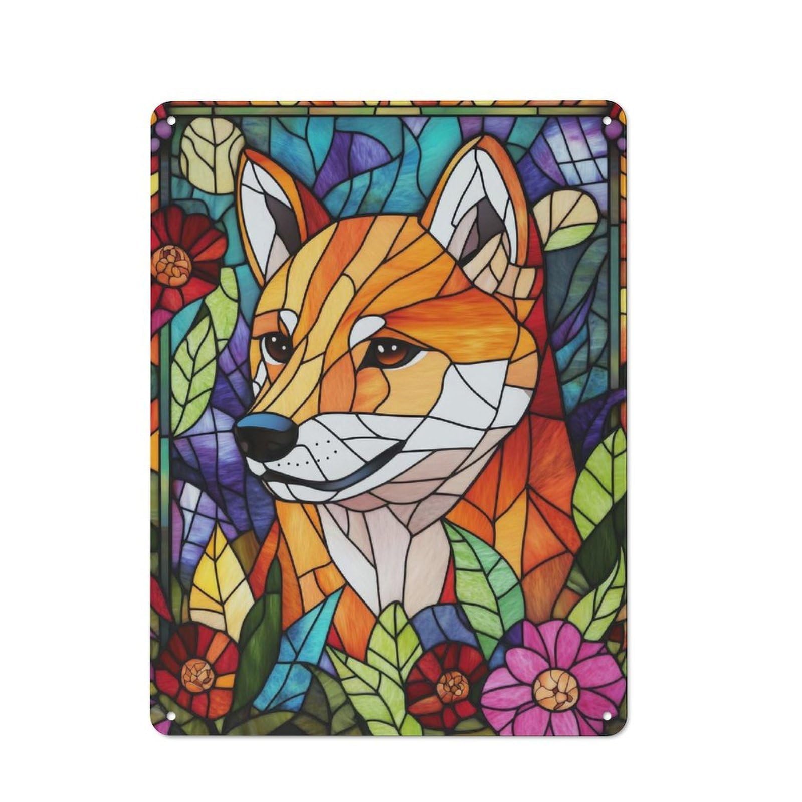 Metal Wall Sign with Stained Glass Shiba Inu Design 40x30cm, Weathered Look Workshop Wall Decor for Garage, Hobby Room, Office Or Man Cave