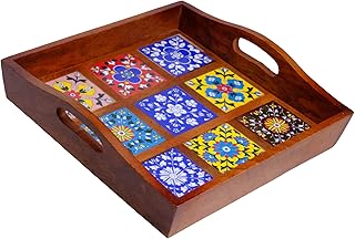Craft Trade Mango Wood Serving Tray with Handle and 9 Fitted Floral Ceramic Tiles Wooden Platters Perfect for Breakfast Tea Coffee Snacks Dinner 30x30x8 cm Square