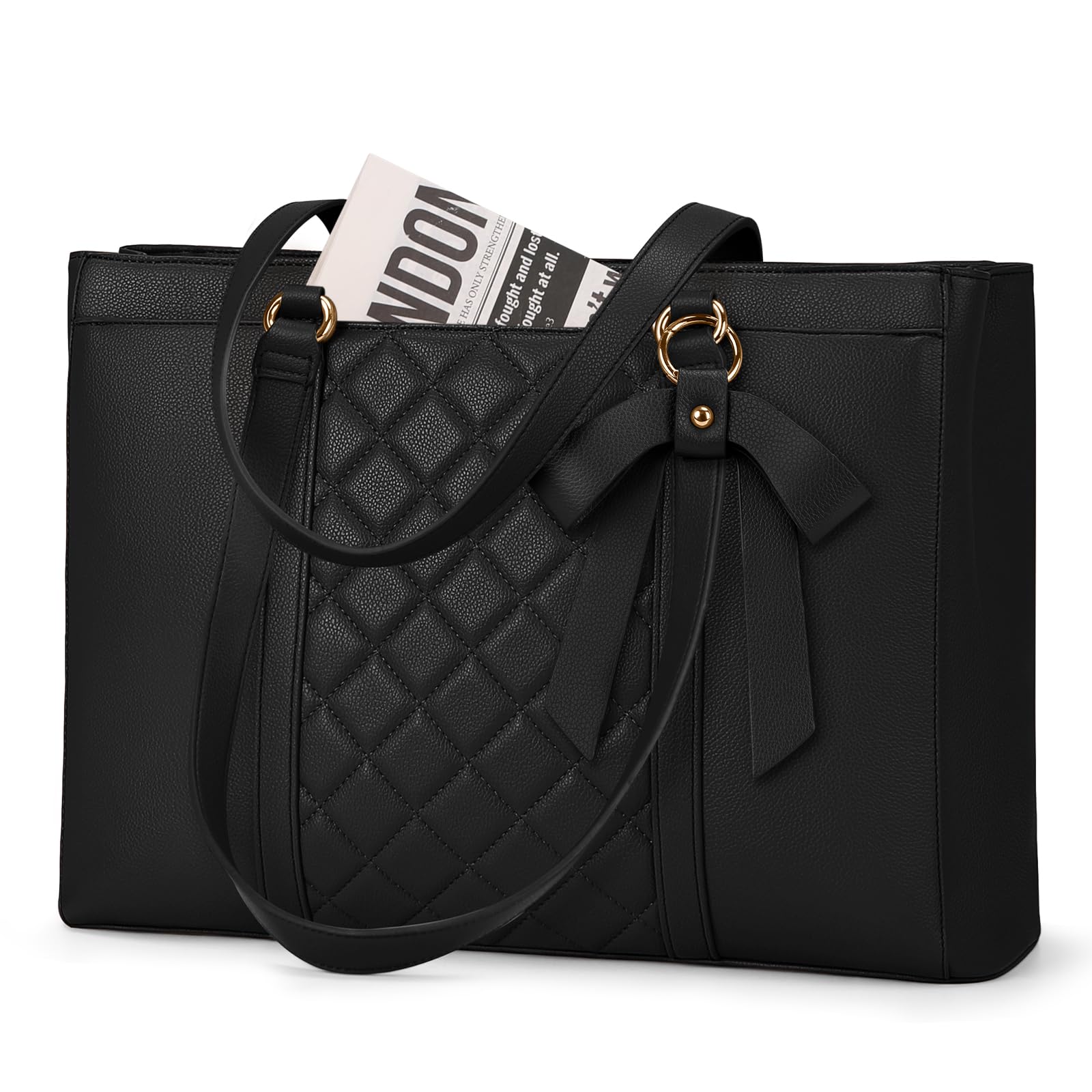 RAINSMORE Laptop Bags For Women 15.6 Inch Work Tote Bag Large Laptop Purse PU Leather Handbag Waterproof Office Computer Briefcase with Zipper for Business Travel, Black