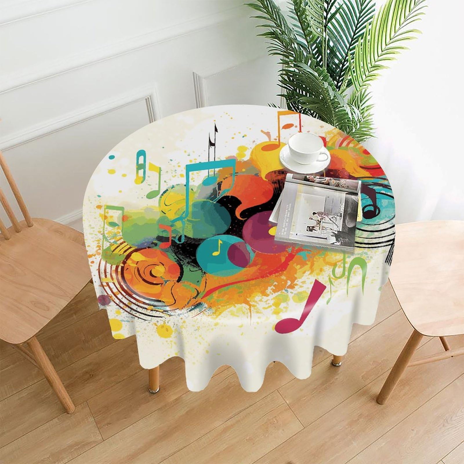 FekiLoot Abstract Music Themed Round Tablecloth Cover 60 Inch Wrinkle Free Washable Polyester Fabric Table Cover Decorative Round Table Cloth for Home Dining Kitchen Party Farmhouse