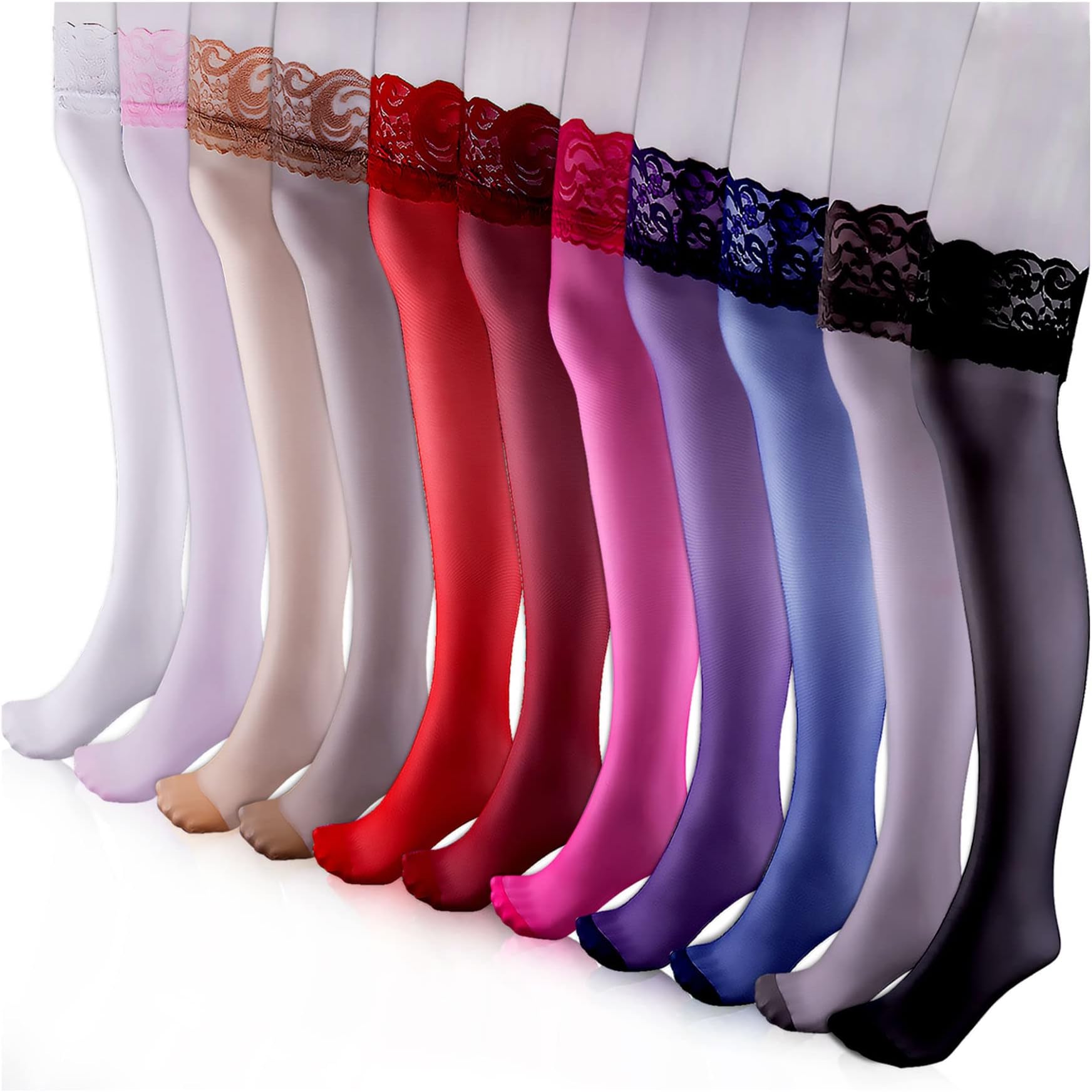 Duufin 11 Pairs Thigh High Stockings Lace Thigh High Socks Top Lace Stockings Sheer Thigh High Stockings for Women