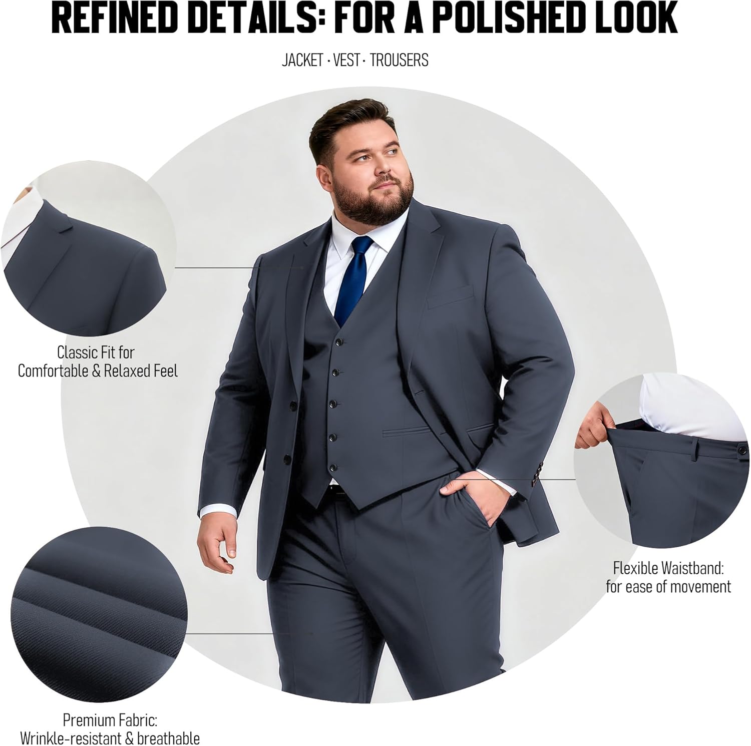 GATMSTZ 3 Piece Suit for Men Big and Tall Classic Fit Men Tuxedo Suit Set Jacket Vest Pants - Image 4