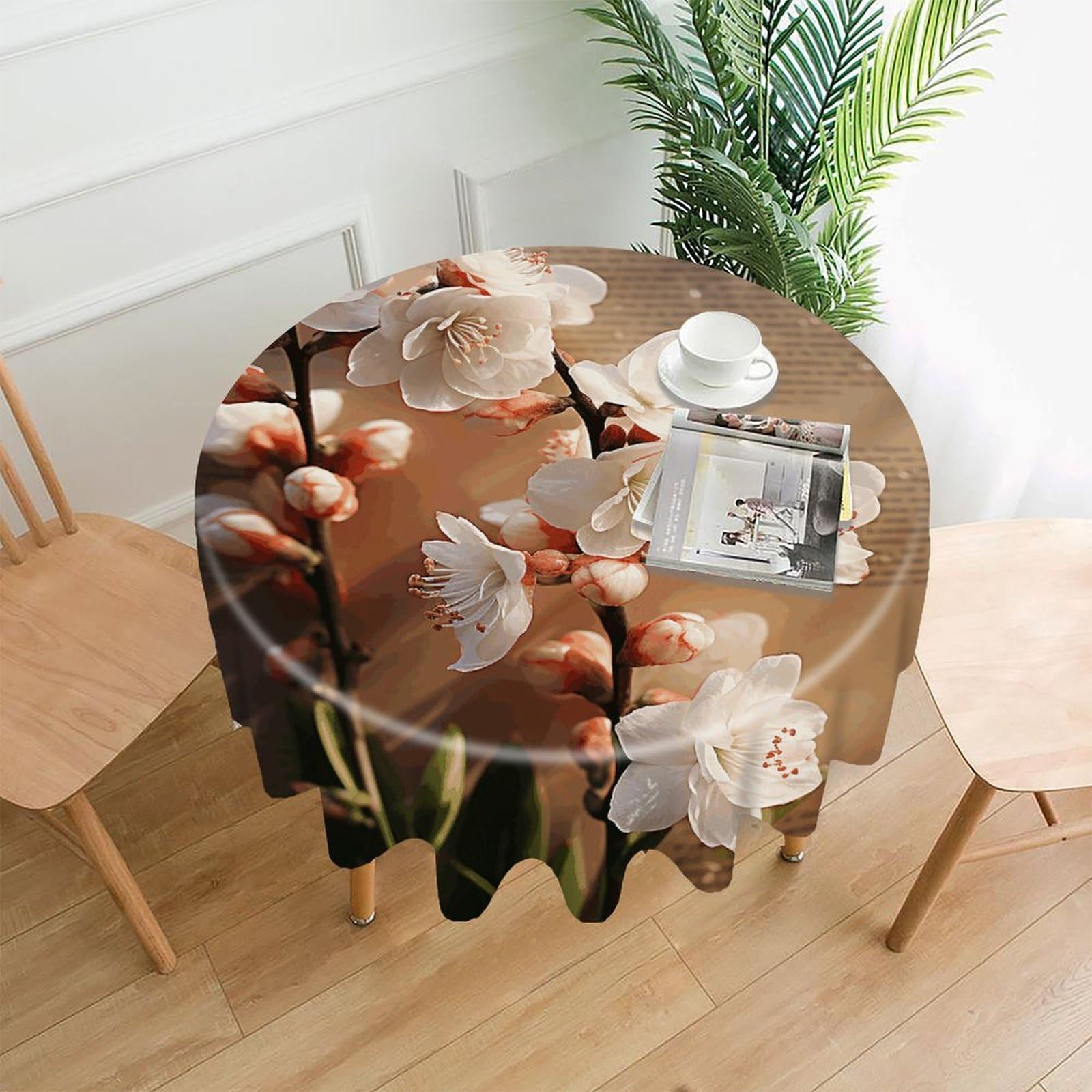 VstaDank A Peach Blossom Table Cloth Fashions Washable Round Tablecloth Decorative Table Cover Comfortable Straight Edge Tablecover for Dining Kitchen Party Outdoor 60 Inch