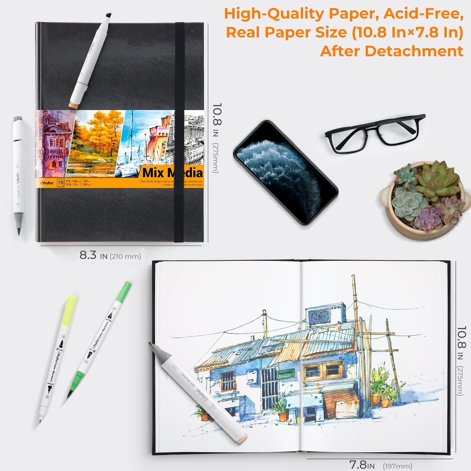 Ohuhu blok rysunkowy, 274 x 210 mm, 120 lbs/200 g/m², 78 arkuszy/156 stron, szkicownik poliuretanowy do akrylu, akwareli, prezent na rozpoczęcie szkoły