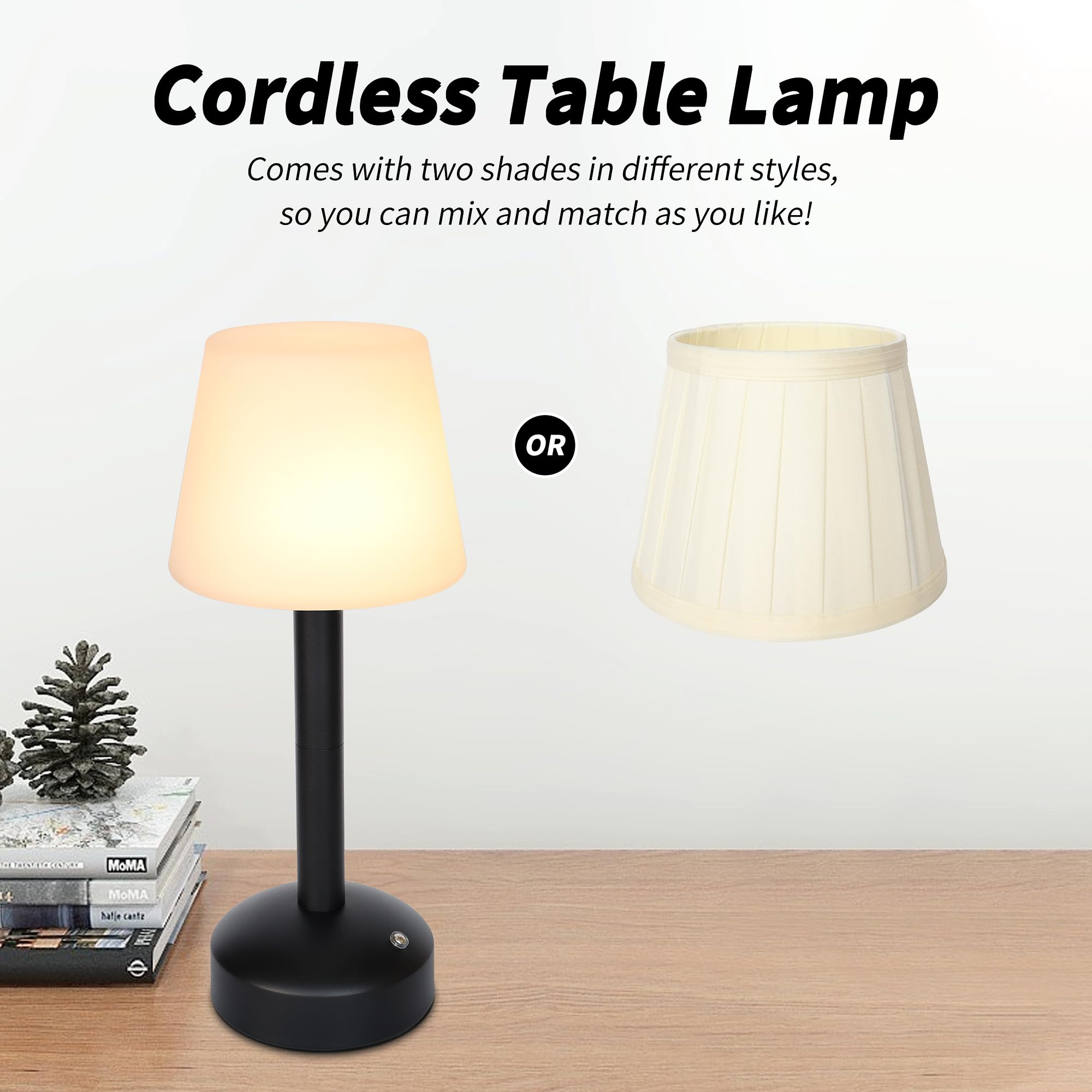 Mr.White Rechargeable Cordless Table Lamp with Fabric Lampshade & Adjustable Poles, 5200mAh Battery Operated Portable Table Light for Patio Restaurant Kitchen Dining (Black — view 2