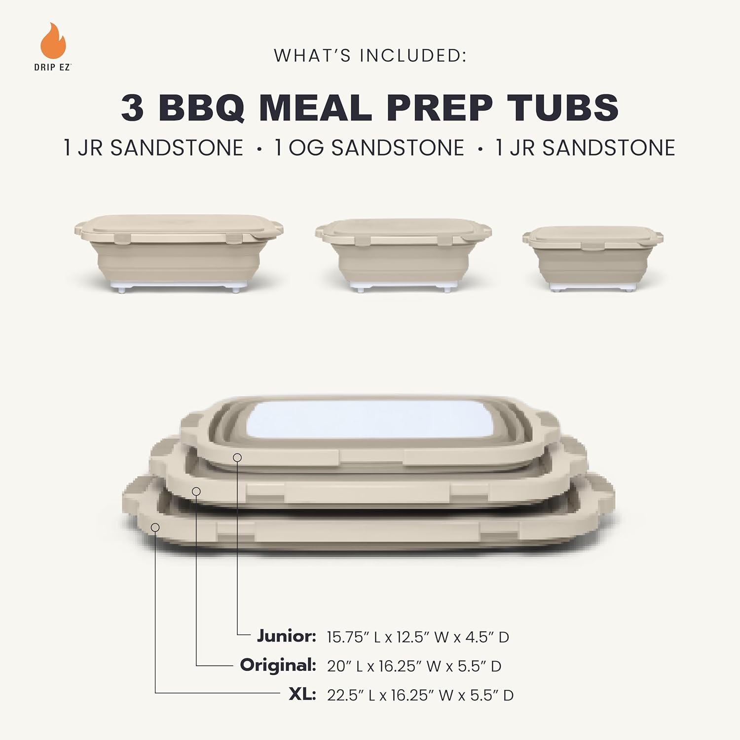 Drip EZ Collapsible BBQ Prep Tubs 3-Piece Set - For Meal Prep Marinating Food Storage - Includes Cutting Board & Lid - (1) JR + (1) OG + (1) XL - Sandstone