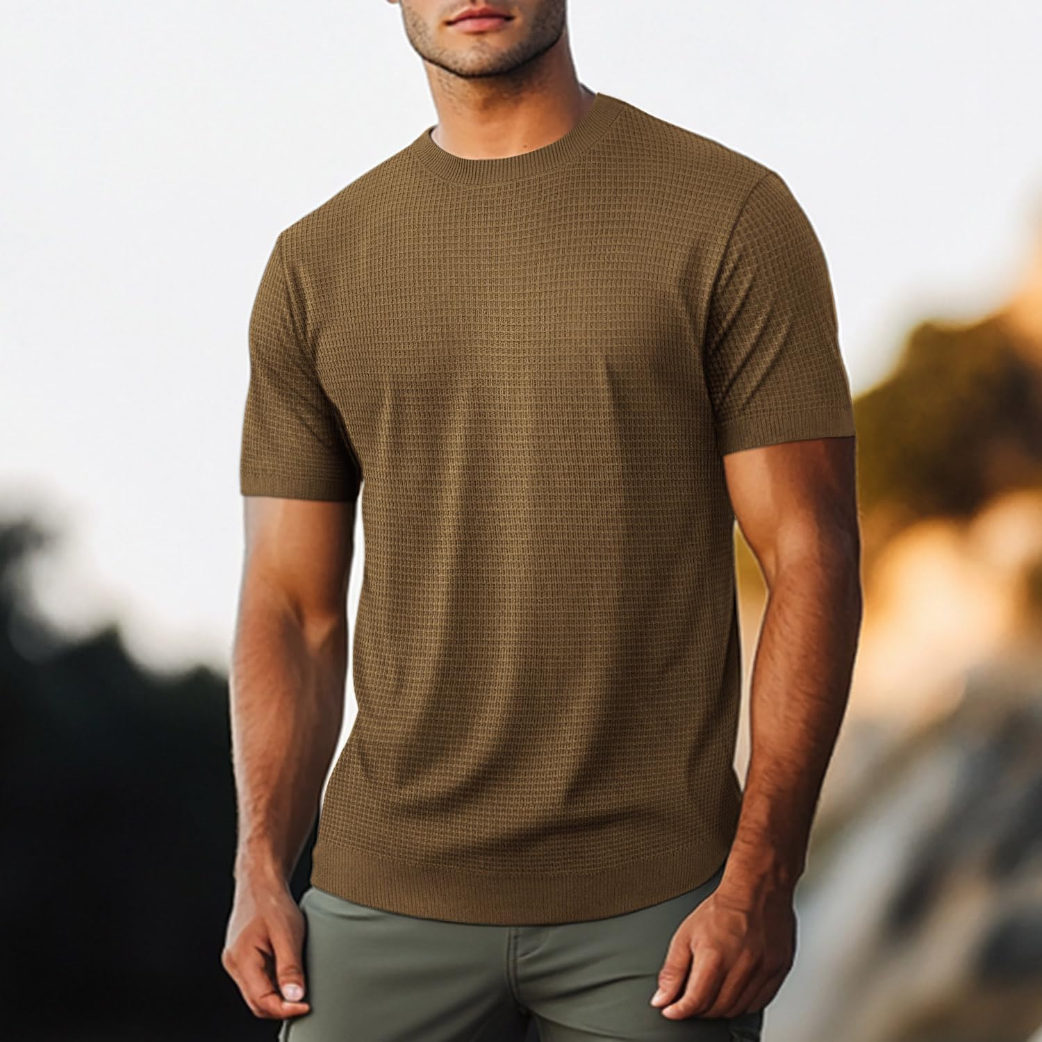 LOGEEYAR Men's Fashion Crewneck Knitted T-Shirts Short Sleeve Textured Pullover Tees Casual Waffle Knit T Shirts for Men - Image 2