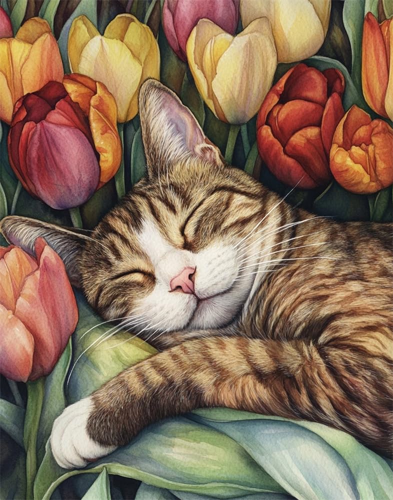 Henypt Stamped Cross Stitch Kits -Cat and Tulips Colorful Printed Easy Pattern Needlepoint Kits Embroidery Crafts for Adults Beginners Gift