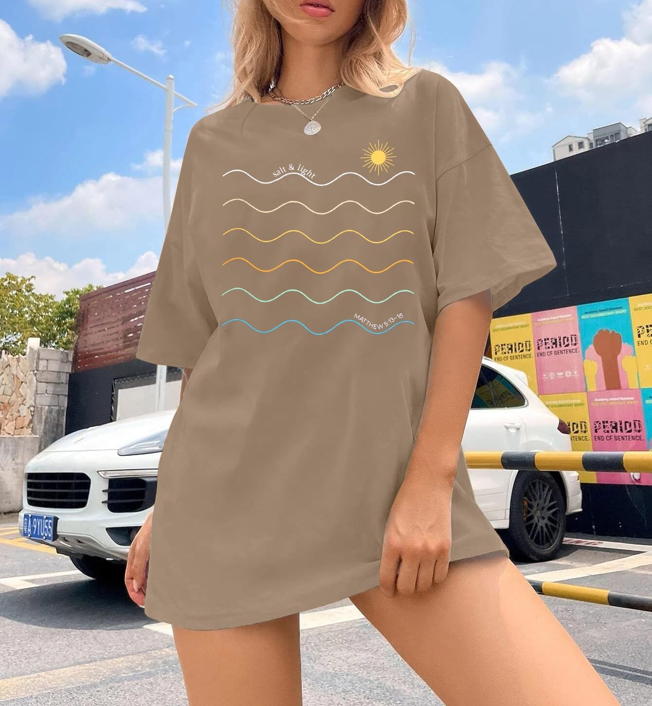 Womens Oversized Tee Shirts Vintage Sunshine Graphic Tees Hiking T-Shirts Boho Summer Short Sleeve Top - Image 2