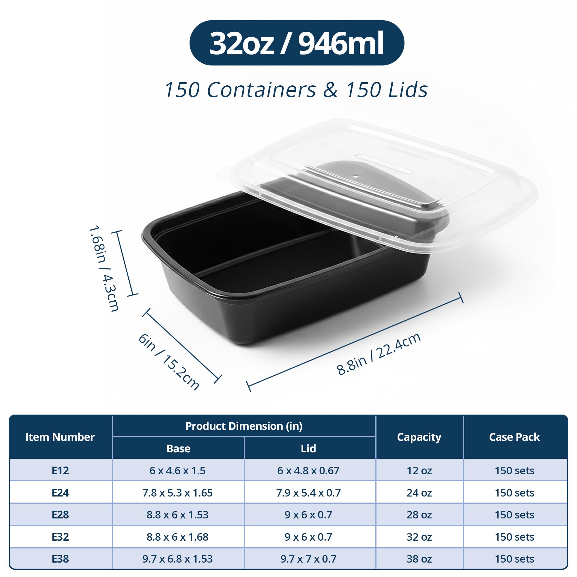 TIYA - Recipientes de comida para llevar, paquete de 150 unidades de 32 onzas con tapas, recipientes rectangulares de plástico para llevar, reutilizables, aptos para microondas y lavavajillas, a