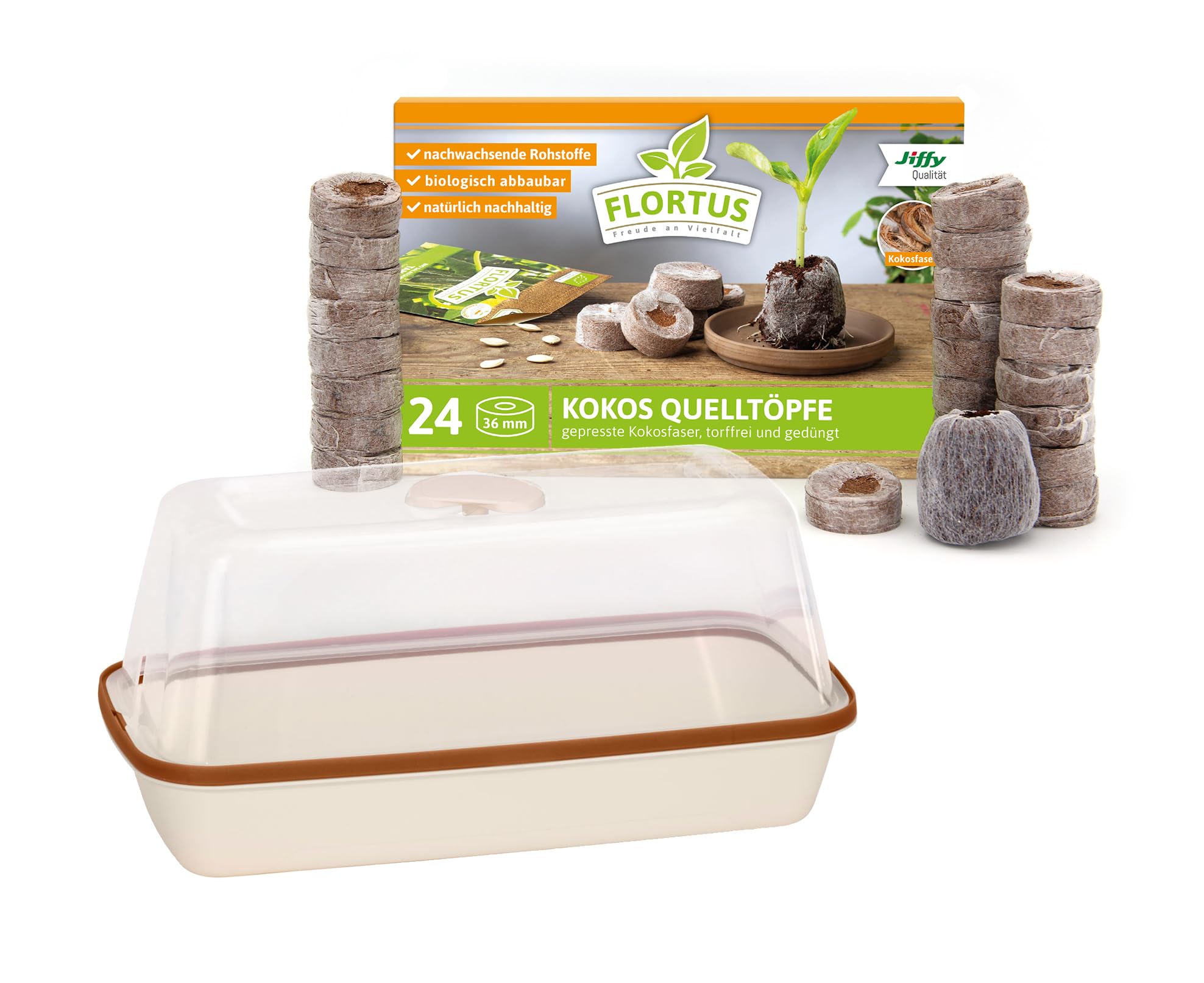 FLORTUS Set Zimmergewächshaus BoQube M anthrazit & Kokos Quelltöpfe (24 STK) | Gewächshaus & Quelltabletten aus Kokoserde Anzuchterde | Geschenkset