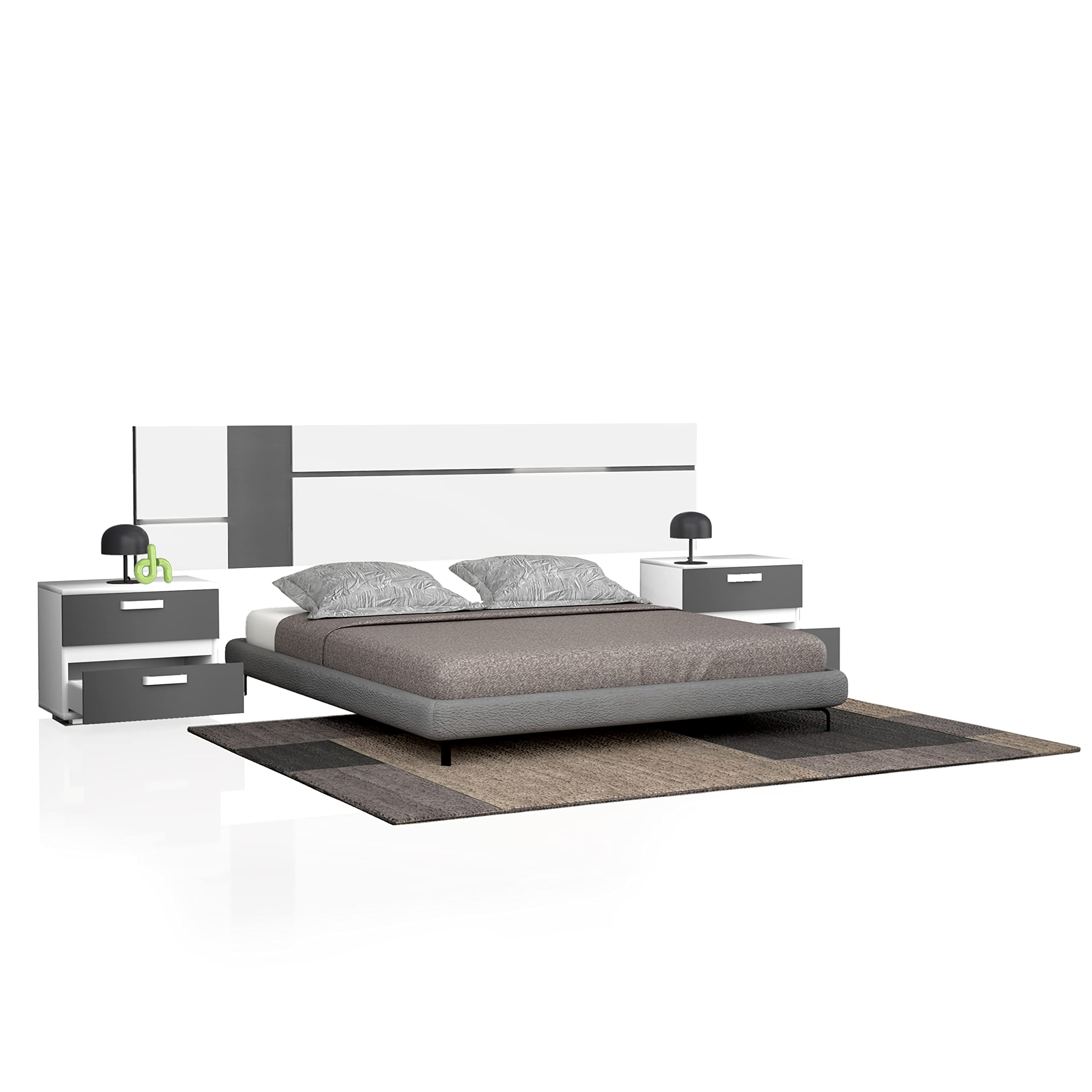 duehome | Pack Cabecero con Leds y 2 Mesitas de Noche, Dormitorio Doble, Dormitorio Completo, Modelo Ataneq Air, Acabado en Blanco y Grafito