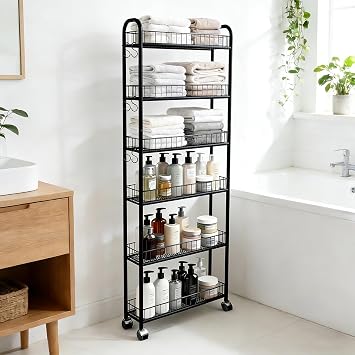 6 Tier Slim Rolling Storage Cart, Mobile Shelving Unit with Wheels, Metal Wire Storage Rack with Baskets for Kitchen Bathroom Office Laundry Narrow Piaces (6in Black Cart)