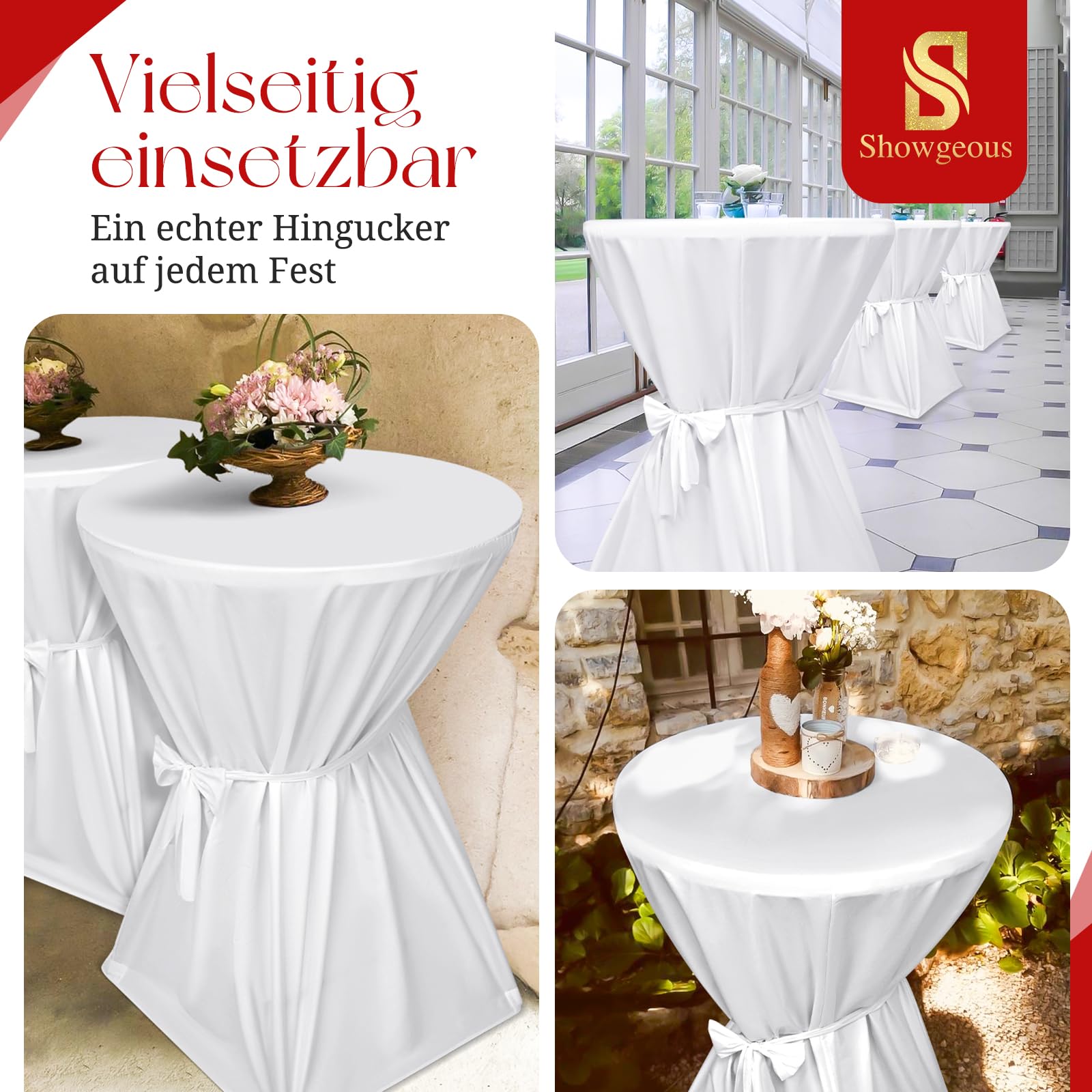 Showgeous Lot de 6 Housses de Table de Bar Premium 60 cm Blanches Housses de Table pour Tables de Bar 60 cm Housse de Table de Bar, Nappe de Table de Bar Antidérapante et Lavable Ruban