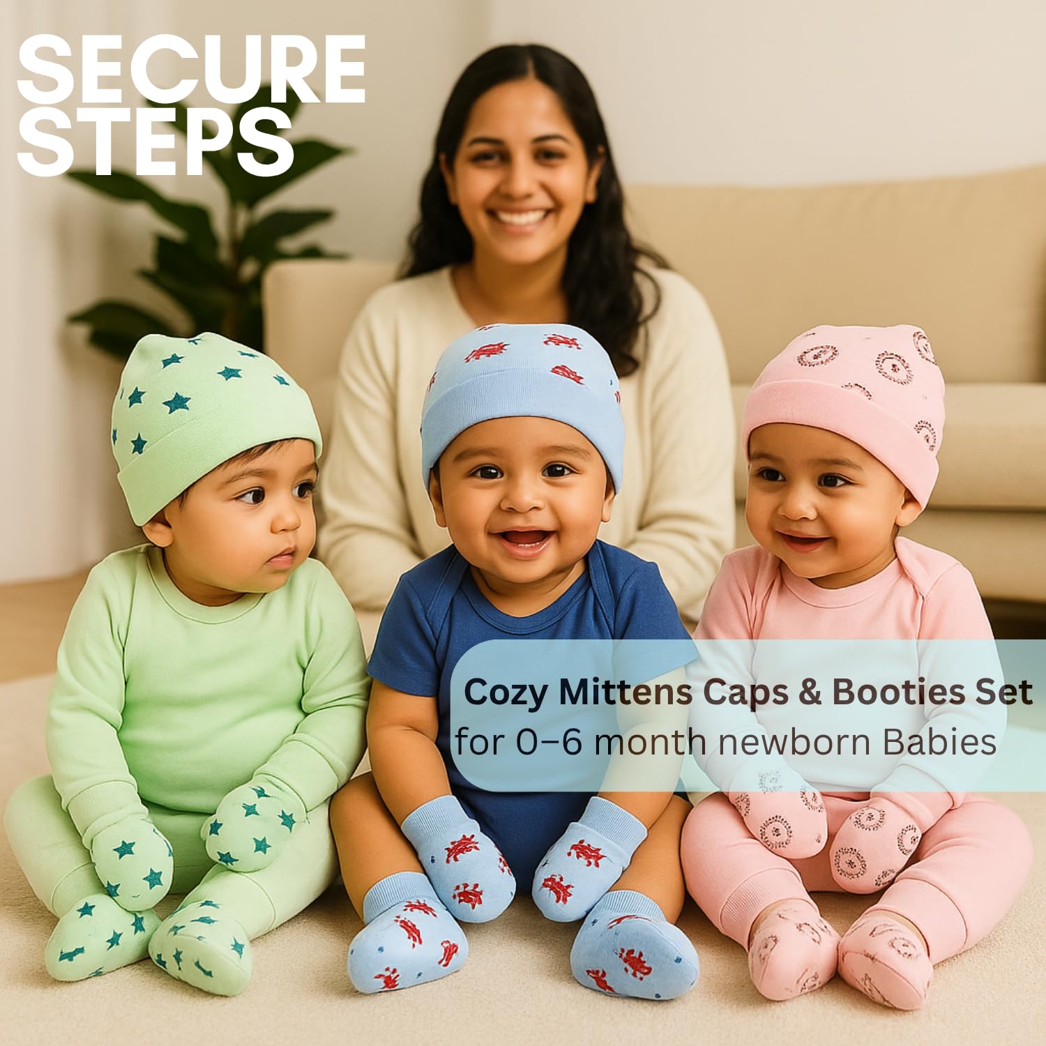 Secure Steps Mittens Cap and Booties Set for New Born Baby Pack of 4 | 100% Cotton Baby Mittens Set 0 to 6 Months | Soft Anti-Scratch Caps Mittens and Booties Newborn | Cute Designs | Boys & Girls 1