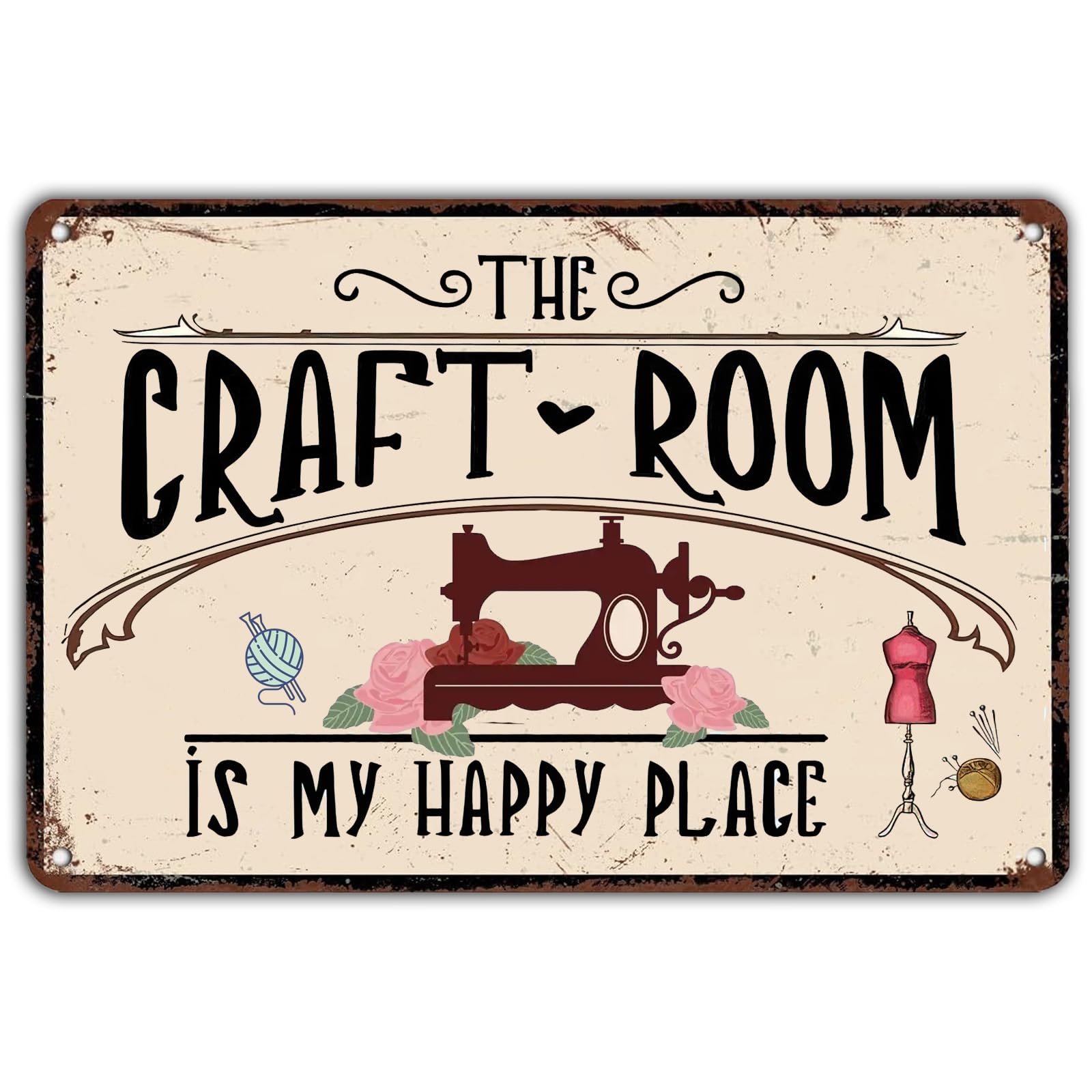 Vintage Metal Tin Sign, Craft Room Is My Happy Place Sewing Decor, 8x12 Inch