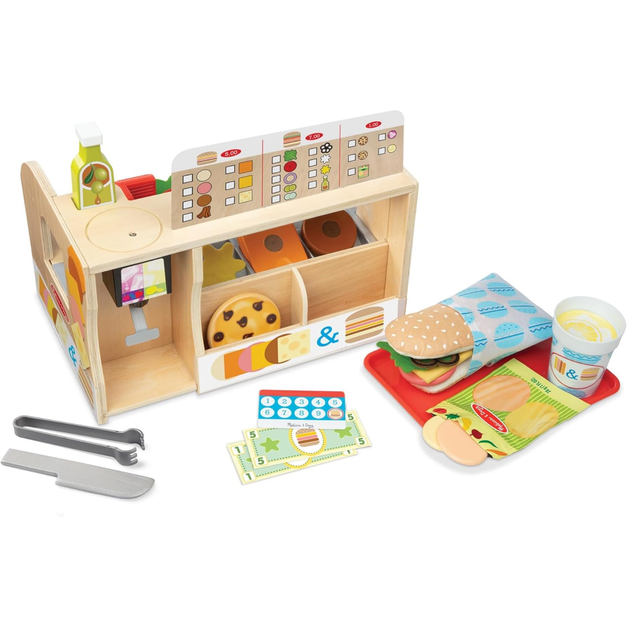 Melissa & Doug Banchetto degli Hamburger - Gioco Educativo in Legno, Cibo Giocattolo, Gioco di Imitazione Montessori, Gioco Creativo, Regalo per Bambini e Bambine, 3+ Anni - Certificati FSC