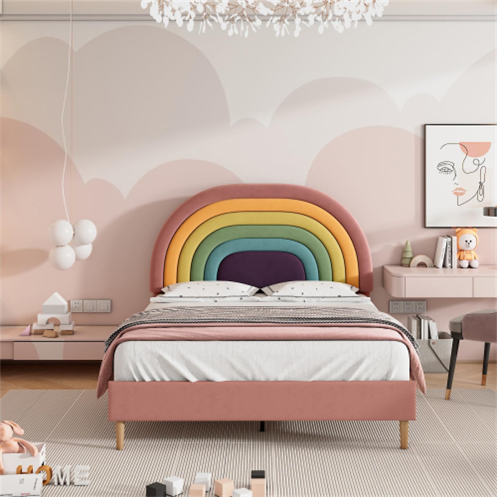 Letto Matrimoniale 140x200 Con Testiera Arcobaleno - Per Ragazze, Rosa, Portata 150kg