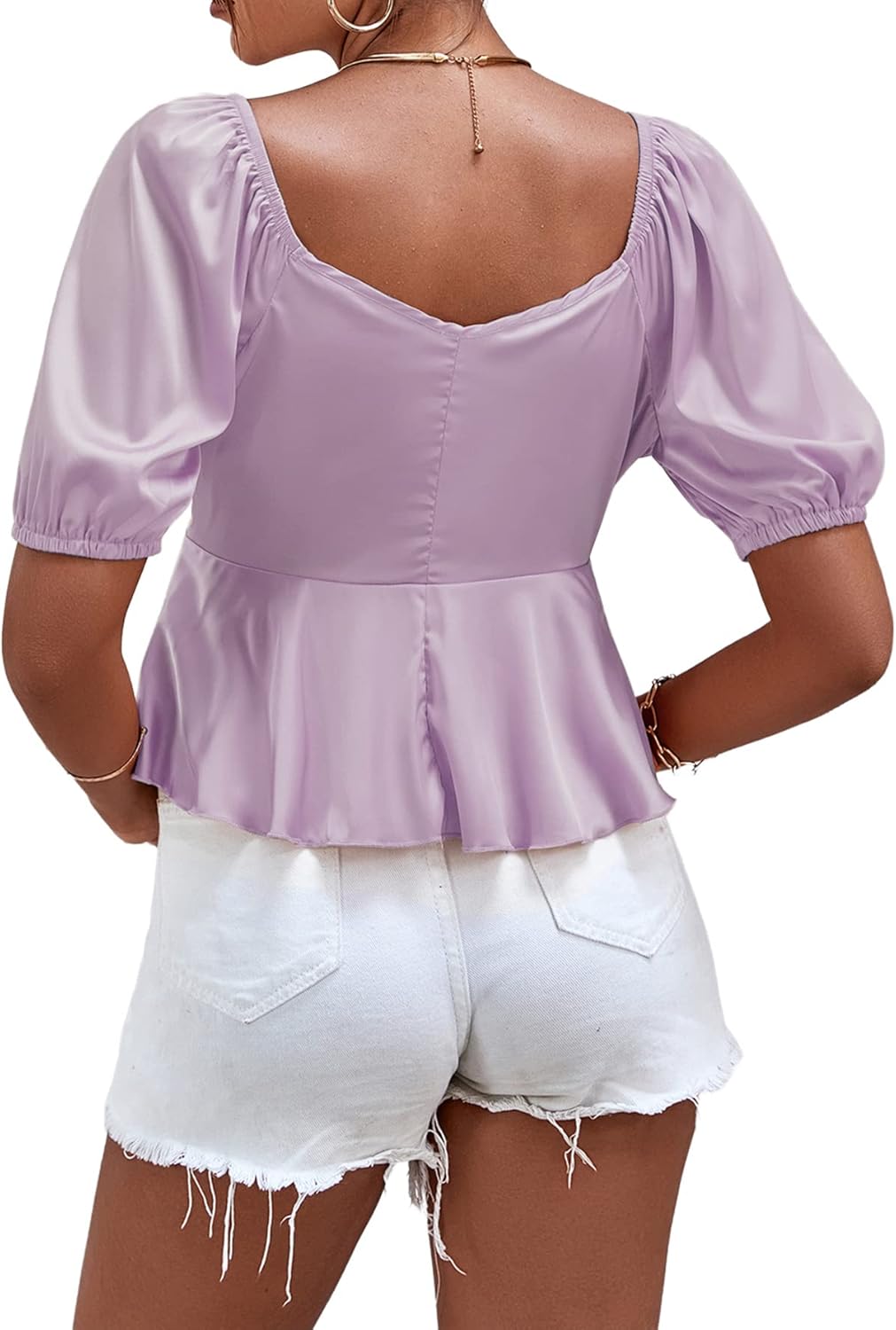 LYANER Women's Satin Deep V Neck Puff Short Sleeve Tie Front Ruffle Hem Blouse Crop Peplum Top - Image 2