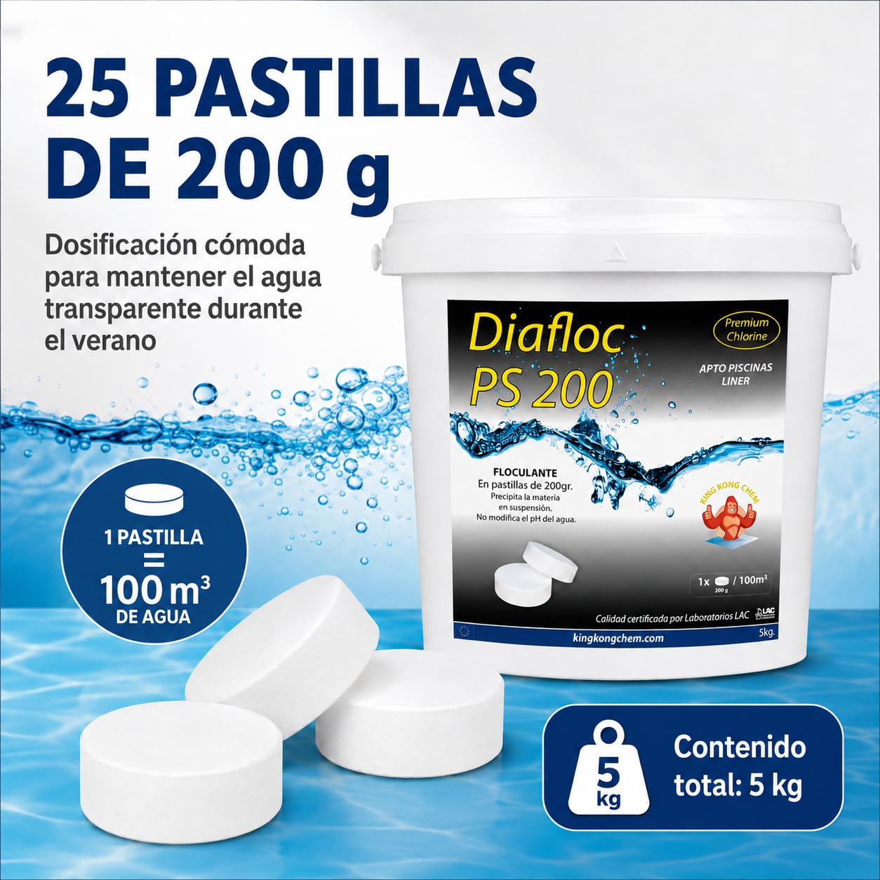 DIASA INDUSTRIAL Floculante en Pastillas 200 gr DIAFLOC PS 200-5 KG - Clarificante Piscinas Grandes - Elimina particulas en suspensión - Apto Piscinas Liner