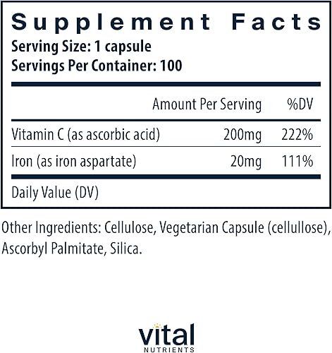 Miniatura 2 de Vital Nutrients Iron Plus C Suplemento de hierro vegano 20 mg de hierro con 200 mg de vitamina C para aumentar los niveles de hierro y energía