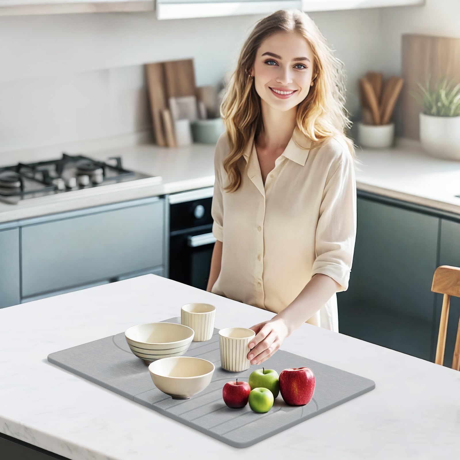 Luxspire Large Stone Drying Mat for Kitchen Counter 61×40 cm- Fast-Absorbing Dish Drying Mat Non-Slip Drying Pad for Dishes Utensils - Image 2