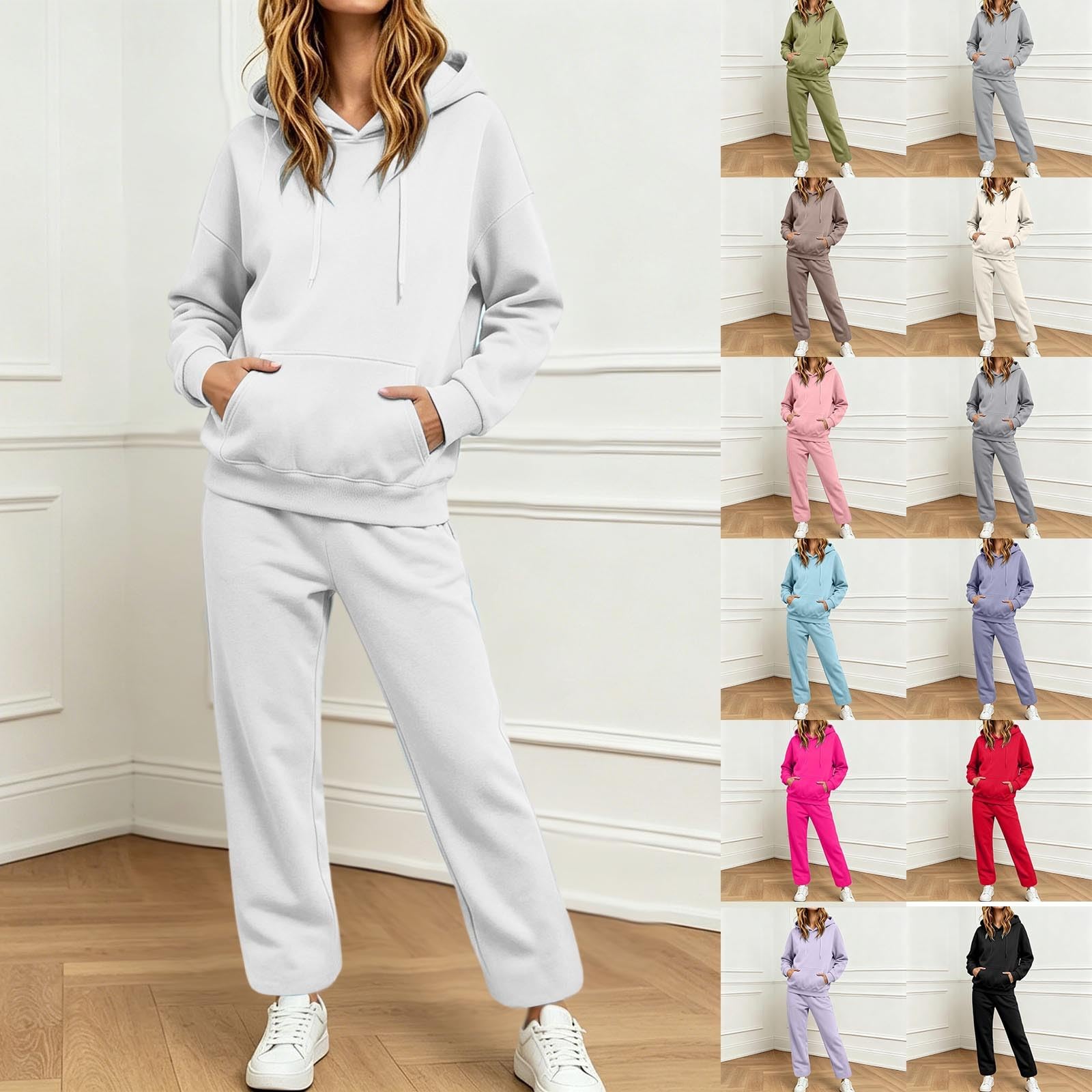 Tuta da jogging da donna, tinta unita, 2 pezzi, felpa con cappuccio e gamba dritta, tuta sportiva, per il tempo libero, comoda tuta da fitness, casual, a maniche lunghe