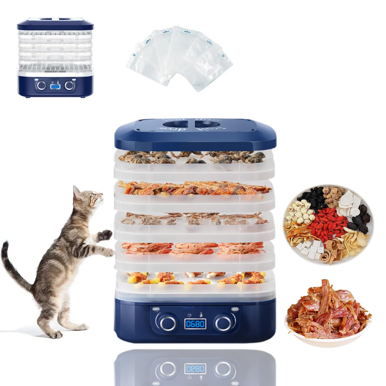 Liofilizzatore Automatico per Alimenti, essiccatore Domestico per Alimenti con Timer Digitale e Controllo della Temperatura, essiccatore Elettrico per Frutta a 5 vassoi per Caramelle(Blue)