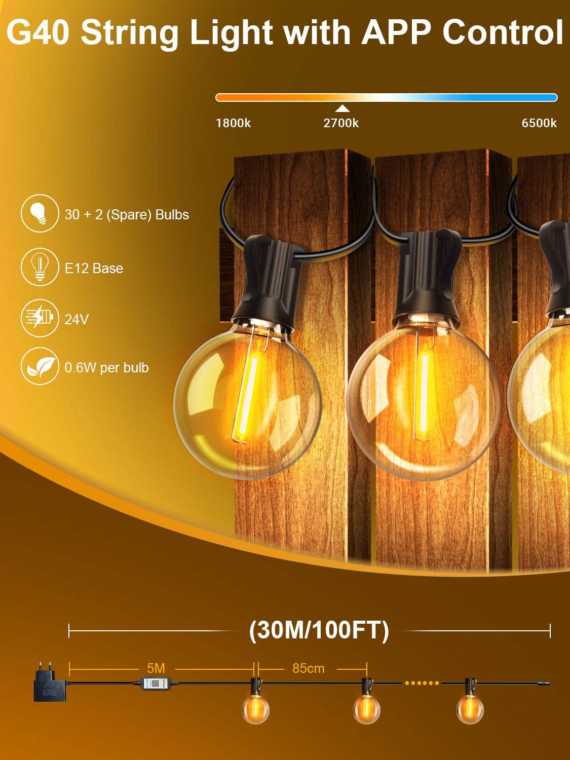 Catena Luminosa Esterno 30M, Controllo APP Luci da Esterno Giardino con G40 LED, Music Sync /Dimmerabile /4 Modalità Impermeabile Catena Luci da Esterno per Matrimonio Festa Giardino Gazebo Terrazzo