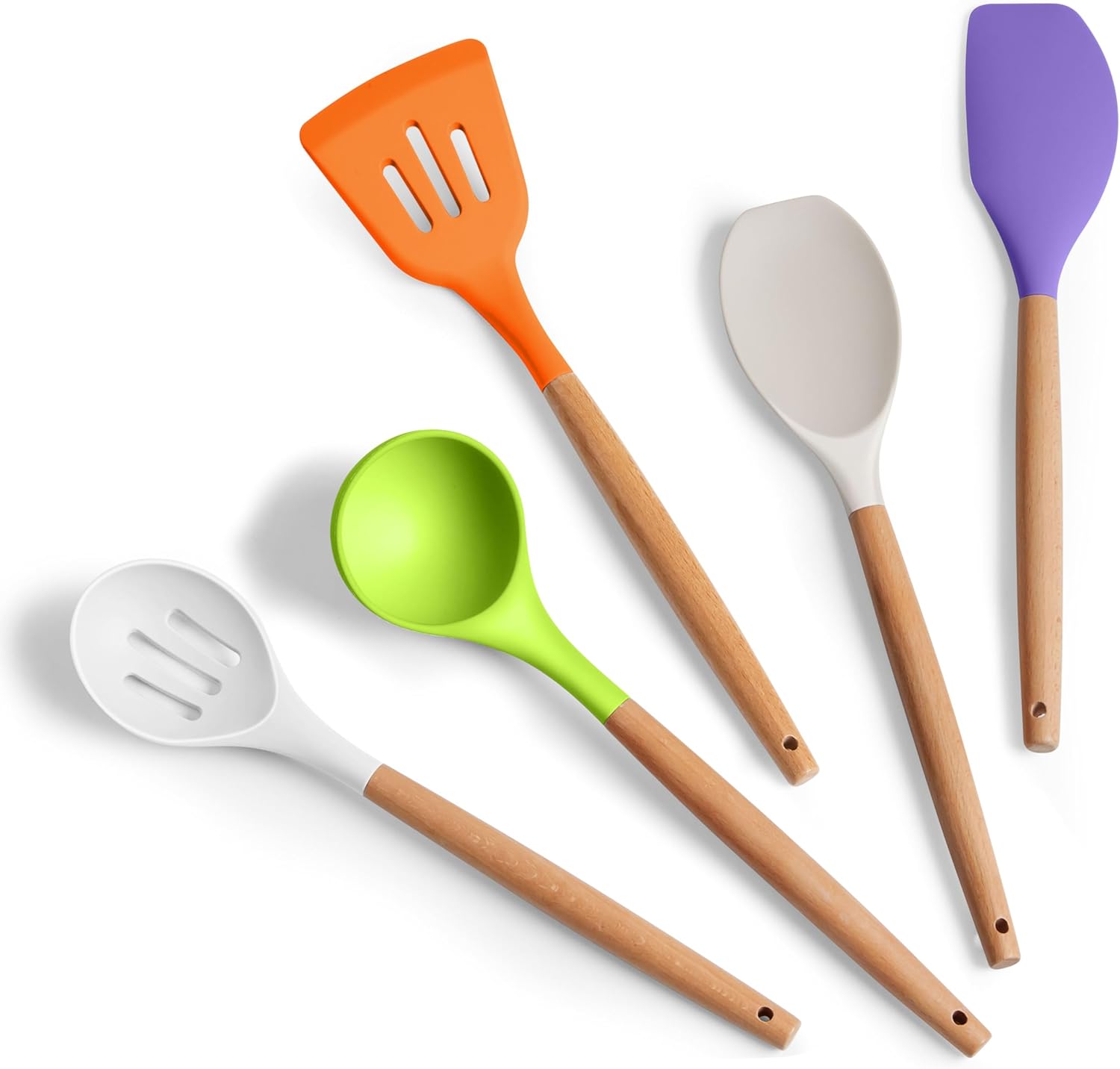 Herogo 5-Piece Cooking Utensils Set, Silicone Kitchen Utensils Set with Wooden Handle, Heat Resistant Cooking Tools Slotted Turner, Spoon, Soup Ladle, Spatula, Spoonula for Nonstick Cookware, Colorful Herogo 5-Piece Cooking Utensils Set, Silicone Kitchen Utensils Set with Wooden Handle, Heat Resistant Cooking Tools Slotted Turner, Spoon, Soup Ladle, Spatula, Spoonula for Nonstick Cookware, Colorful