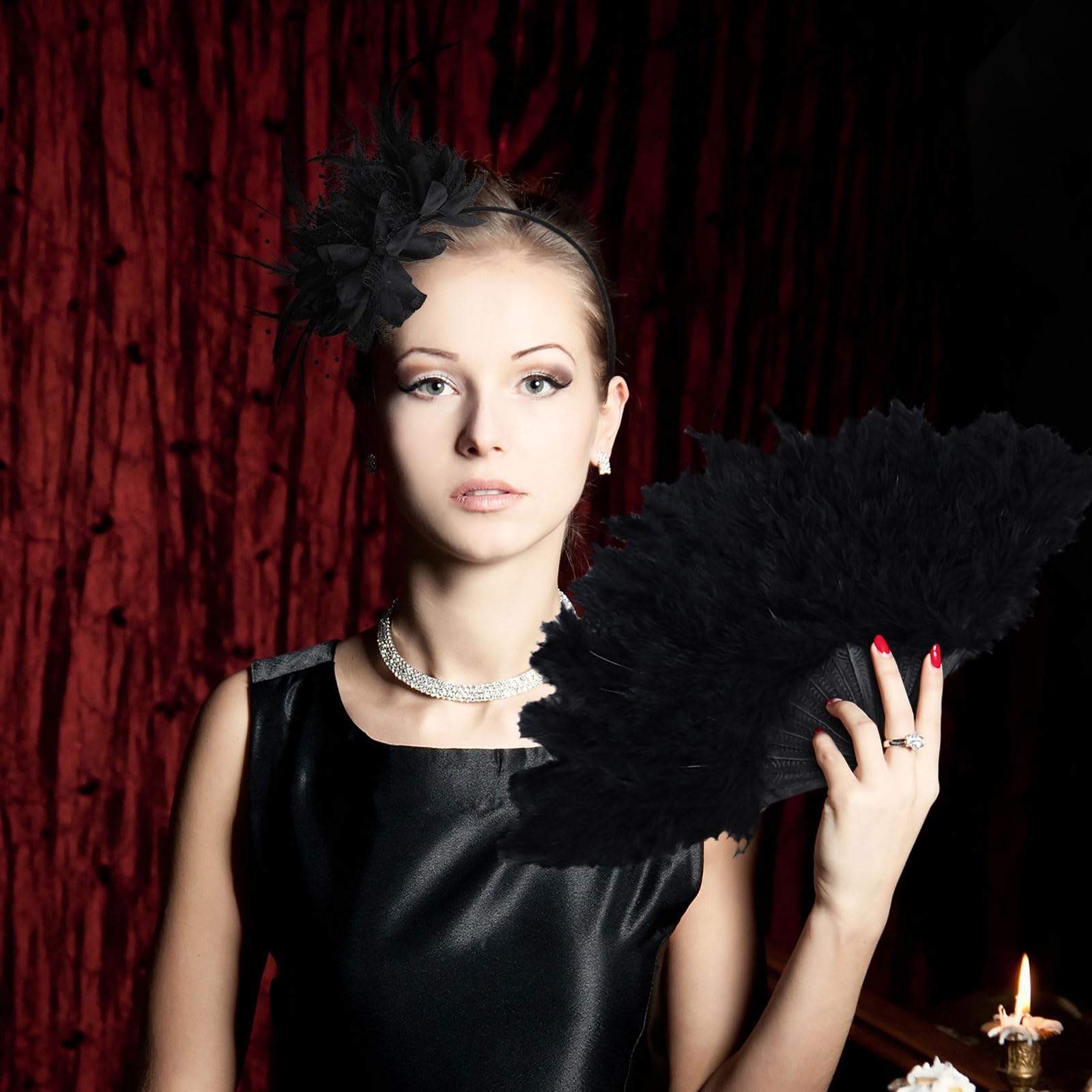 MUNSKT 2 Pcs Flower Cocktail Tea Party Feather Set, Headwear and Black Feather Fan - Image 4