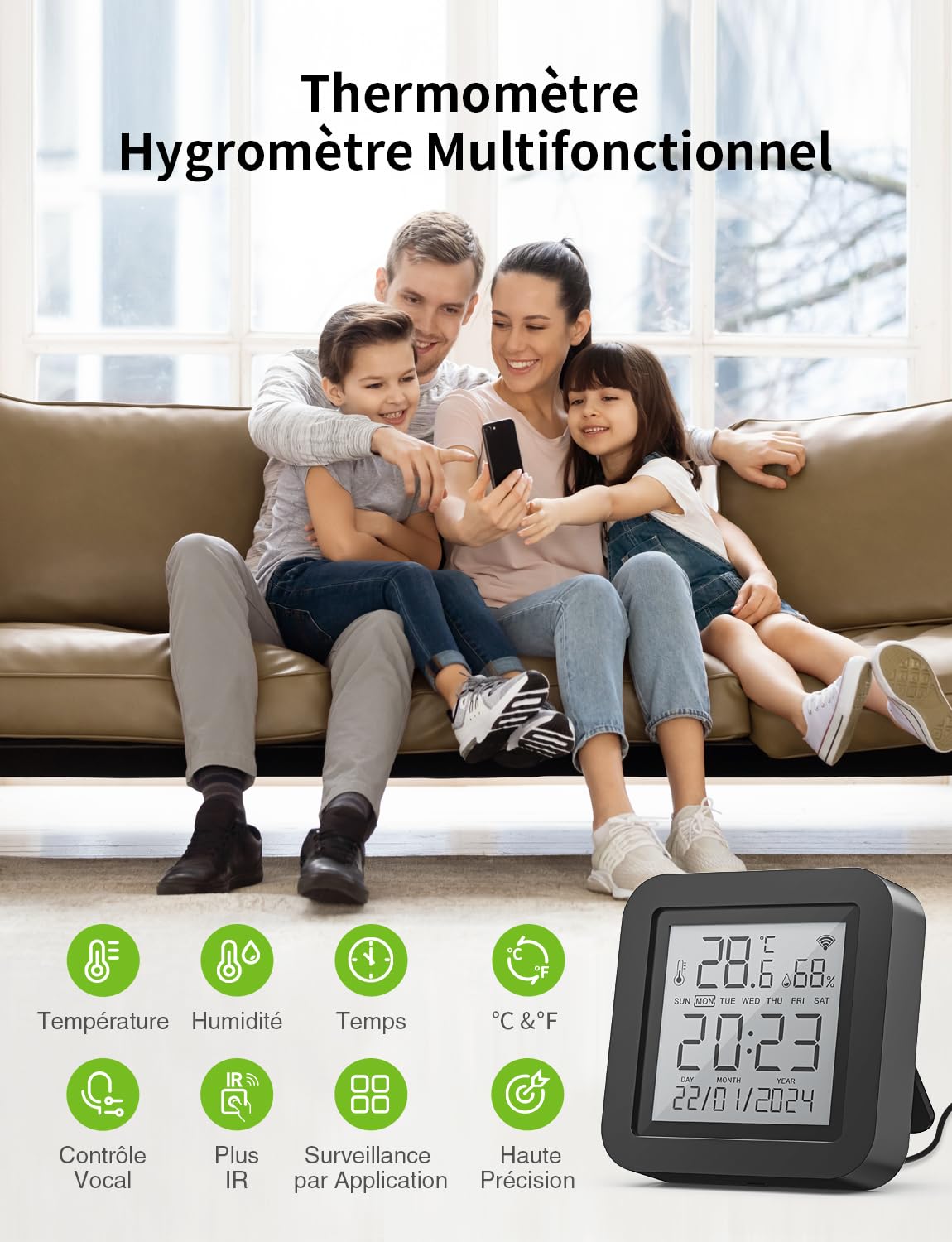 GHome Smart Thermomètre Hygromètre Connecté, WiFi Thermomètre Intérieur Capteur Humidité avec Alertes sur l'App, Contrôle par l’APP, Thermo-hygromètre pour Cave à Vin, Compatible avec Alexa