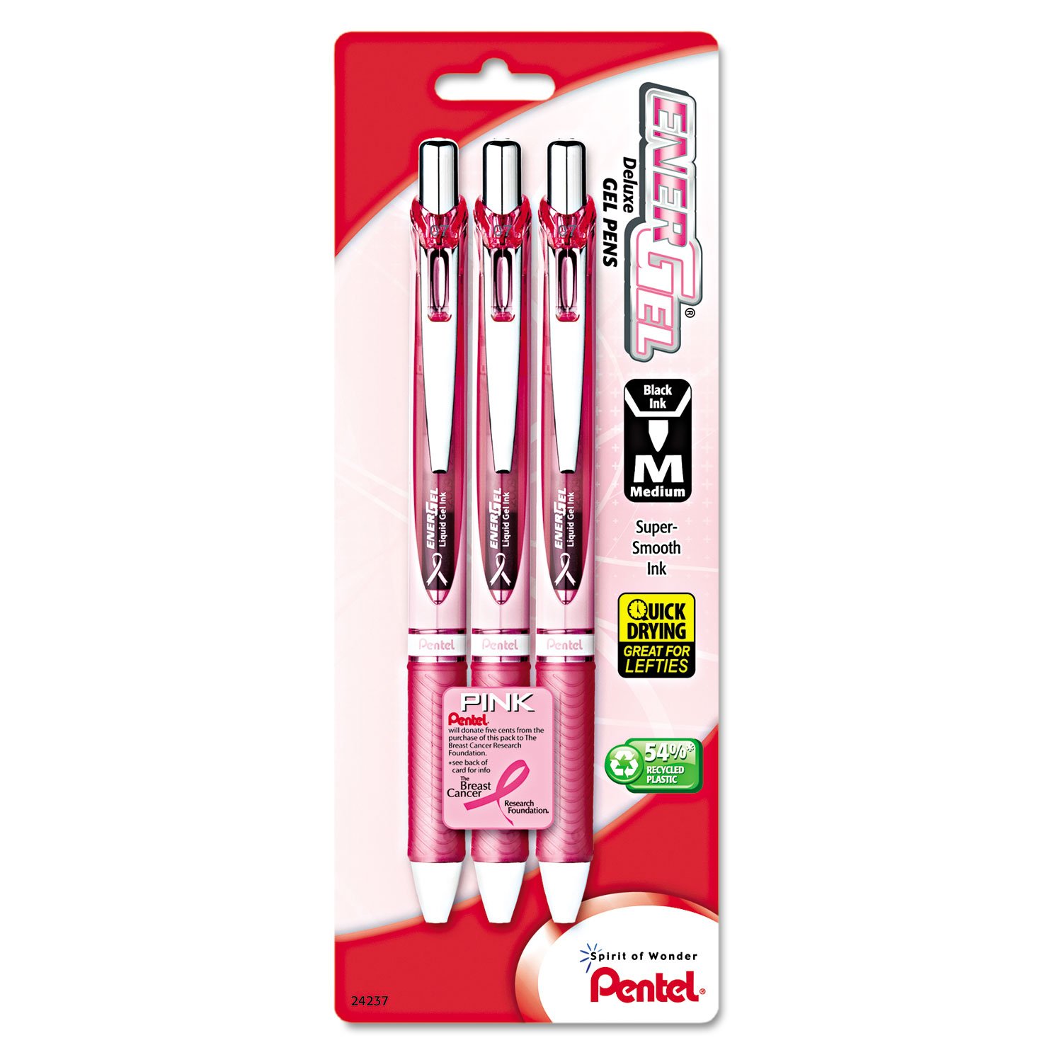 Pentel Pink BCA Ribbon Pentel EnerGel Deluxe RTX Retractable Liquid Gel Pen - Pack of 3, Black Ink