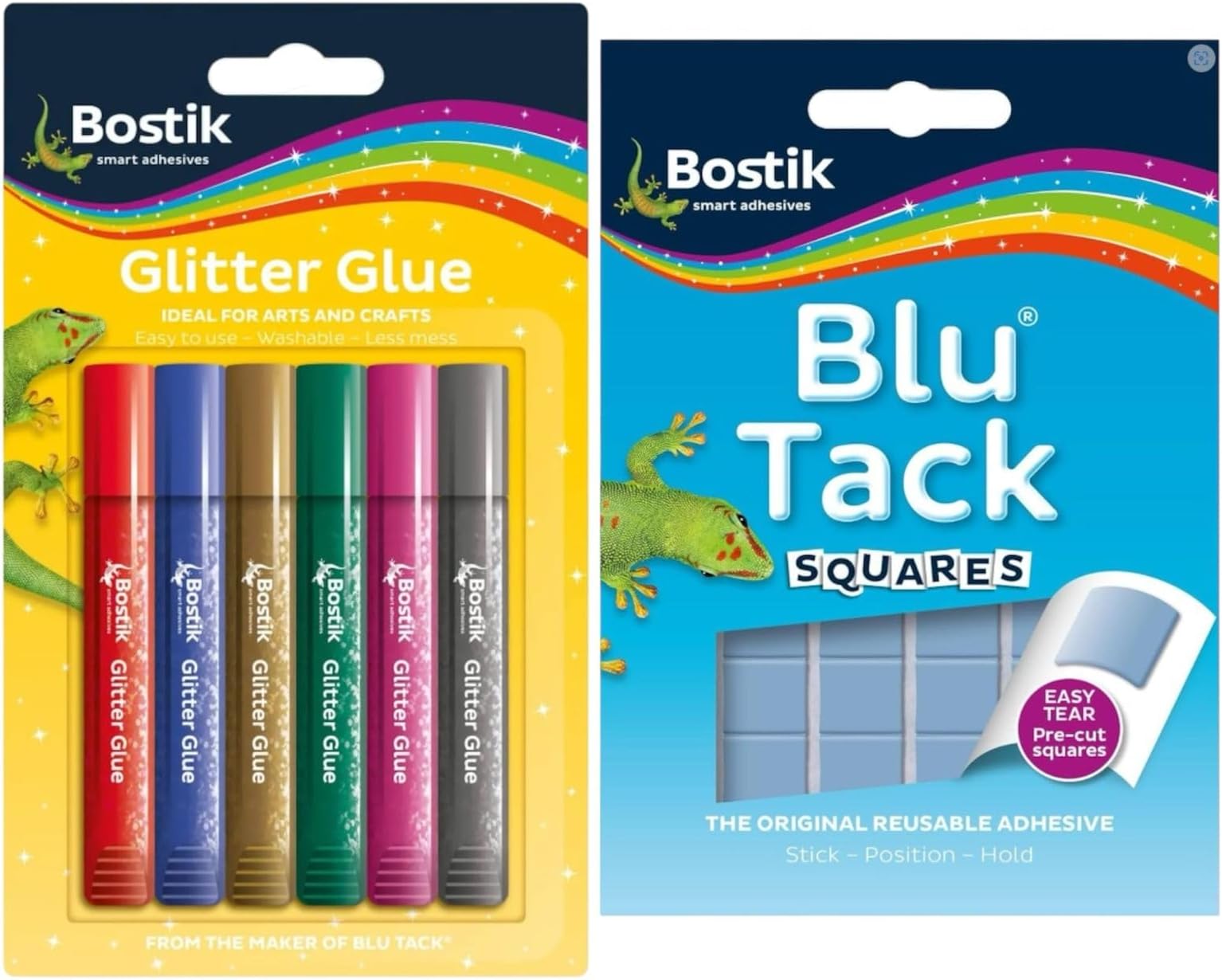 Blu Tack Handy Pack 45g, Putty Reusable Adhesive Non Toxic + Bostik Glitter Glue Pens for Crafts 6 Vibrant Colours.Washable, Non-Toxic & Mess-Free Kids Art Supplies. Easy Squeeze Gel